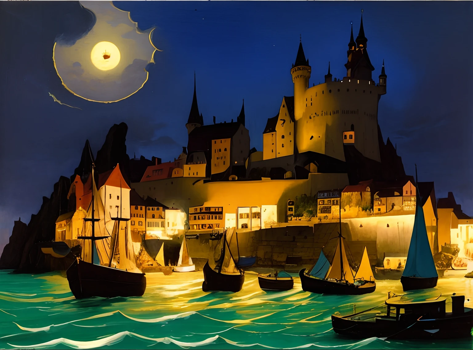 painting of a blue castle on a cliff with blue boats , yellowi lights in houses in the blue water, by Franz Sedlacek, victorian harbour night, by László Balogh, van allsburg, by Grzegorz Rutkowski, by Alfons Karpiński, by Karl Hofer, old - school dark fantasy art, by István Árkossy, chaos