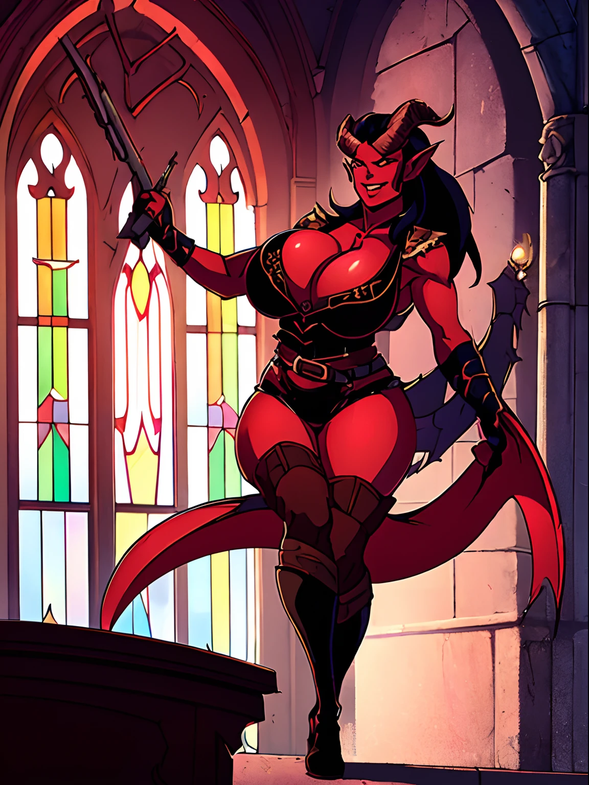 (masterpiece, top quality, best quality, official art, beautiful and aesthetic:1.2), (1girl:1.3), (black hair in big (ponytail)), extremely detailed, portrait, looking at viewer, solo, (full body:0.6), detailed background, close up, (hot medieval church theme:1.1), Tiefling, female, horns, tail, wings, long hair, tail, black hair, dragon girl, dragon horns, blood, scales, dragon wings, (((red skin), colored skin)), extremely busty Tiefling, charlatan, wicked grin, sultry smirk, forked tongue, mysterious, seducing in a cathedral, black ram horns, curled horns, curved horns, demon horns, skimpy leather (sports bra), sleeveless, fingerless gloves, claws, shotgun, ammo belt, shotgun shells, black leather, thong, thigh-high boots, bracers, boots, buckles, straps, ((((gigantic breasts, cleavage, skindentation)))), cute belly button, trim tummy, slim waist, slim hips, long legs, athletic, stained glass windows, candlelight, Medieval Europe, (Cathedral exterior:1.1) background, dark mysterious lighting, shadows, magical atmosphere, dutch angle