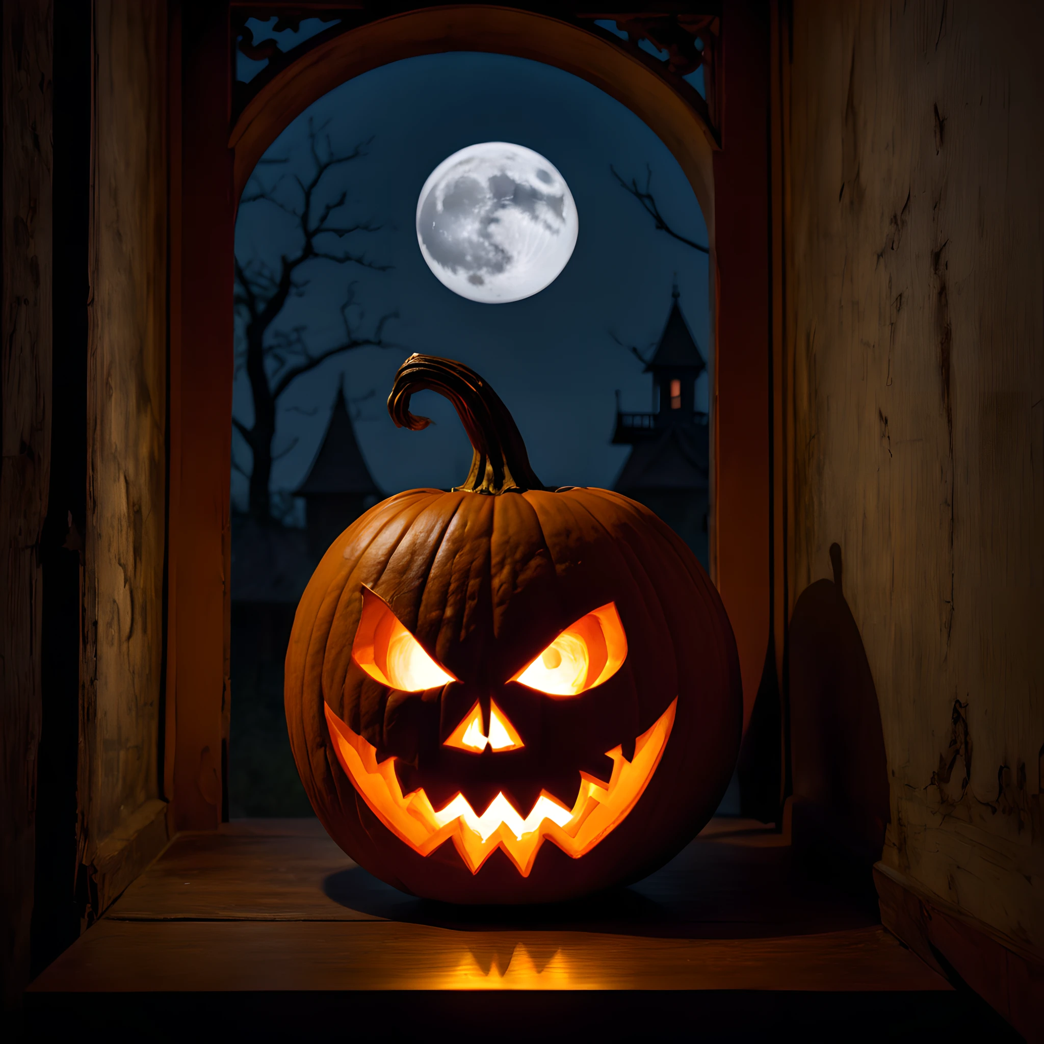 scary Jack O'lantern in the antique house, Swaying jack-o'-lantern, moon light, canny、