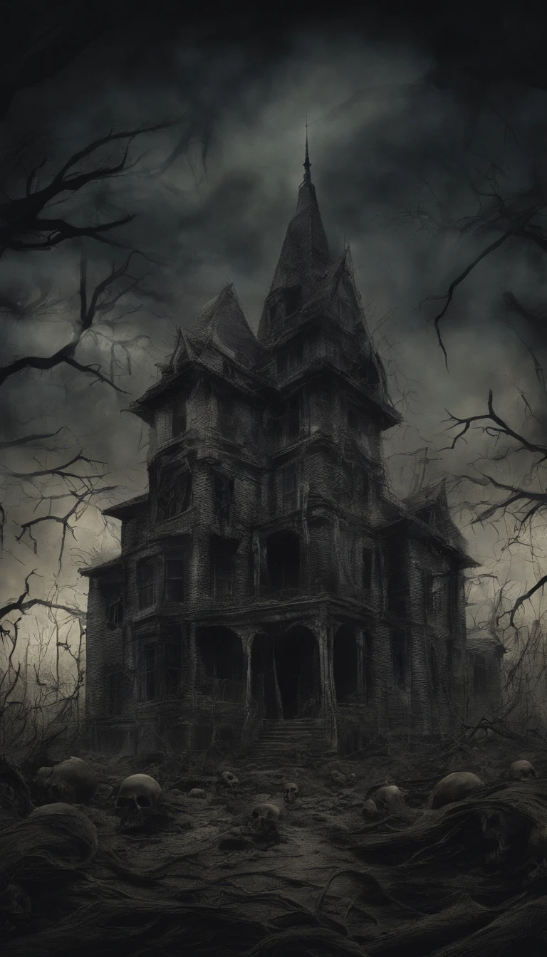 (nighttime scene), Horror, haunted, dead body, skulls, Images depicting hell, Necrotic bacteria, Image style painting, Realistic, Shadows, HD, High quality, Cinematic