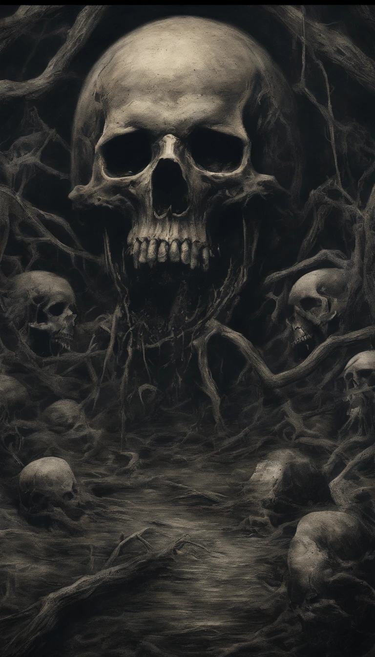(nighttime scene), Horror, haunted, dead body, skulls, Images depicting hell, Necrotic bacteria, Image style painting, Realistic, Shadows, HD, High quality, Cinematic