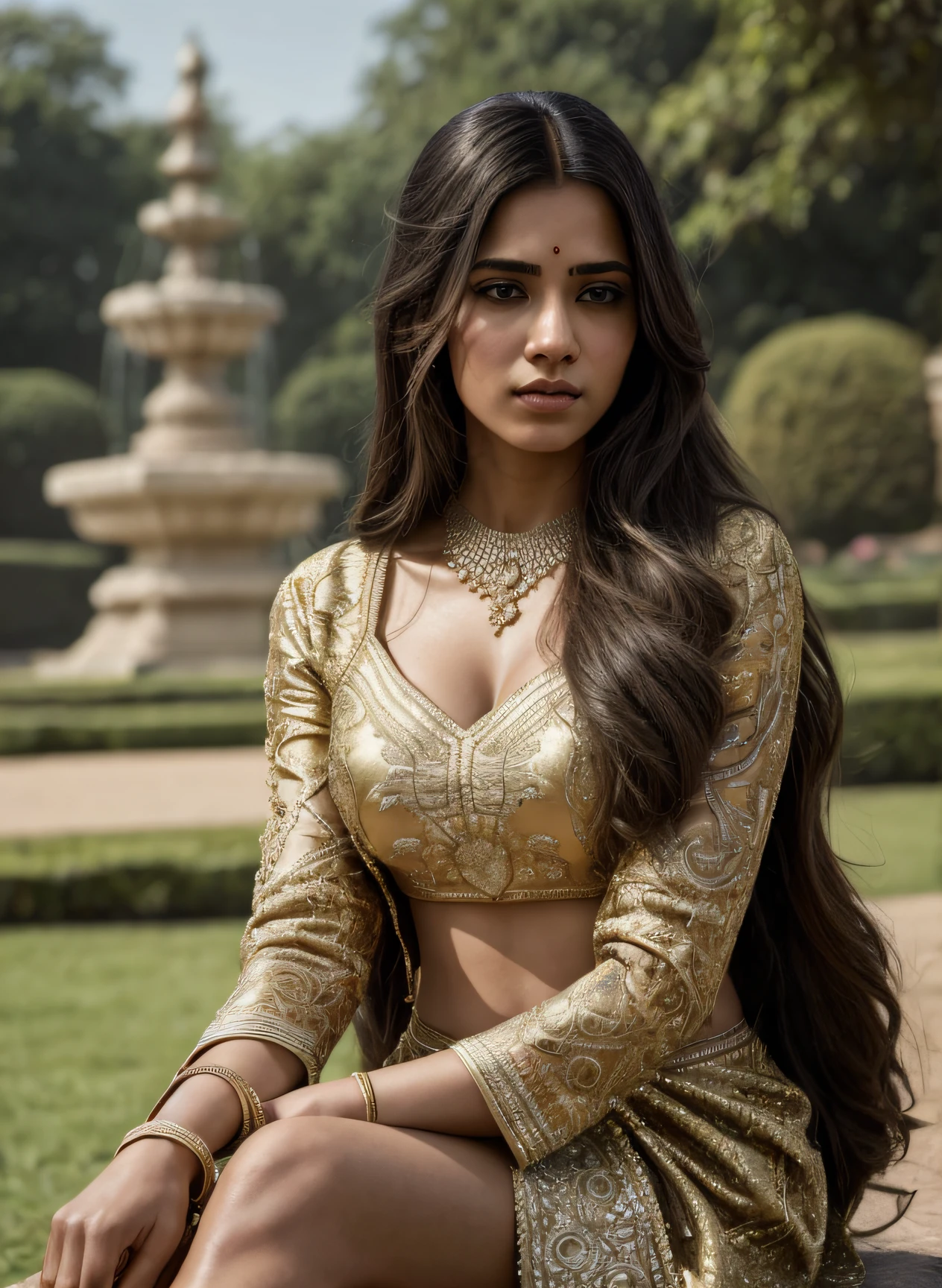 full body portrait of A confident-looking Indian woman, princess with long flowing hair, aesthetic body, fit body,  hazel eyes, wearing designer jewellery, sitting on royal garden, a palace on the background, bokeh perfect composition, hyperrealistic, super detailed, 8k, high quality, trending art, trending on artstation, sharp focus, photo shoot, intricate details, highly detailed, art by greg rutkowski