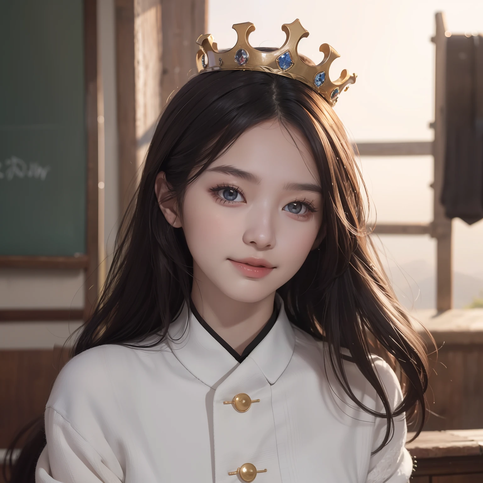 (8K, RAW photo, Best quality, Masterpiece:1.2), (Realistic, photo-realistic:1.37), Ultra-detailed, 超高分辨率, twtzuyu, 1 girl,view the viewer,Smile, ((Wear a crown on your head)), queen, Beautiful detailed eyes,  (Floating hair), Detailed clothes,  Skin texture, Cinematic lighting, Professional lighting,