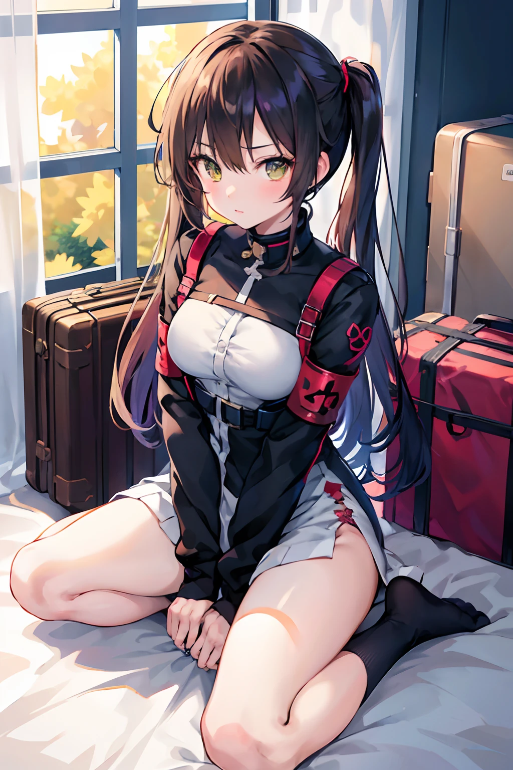 Anime girl sitting on bed with suitcase background, the anime girl is crouching, Female protagonist 👀 :8, beautiful anime girl squatting, from girls frontline, Seductive anime dick girl, a female anime character, Anime. Soft lighting, 4k anime wallpaper, guweiz on pixiv artstation, badass anime 8 K, Rin