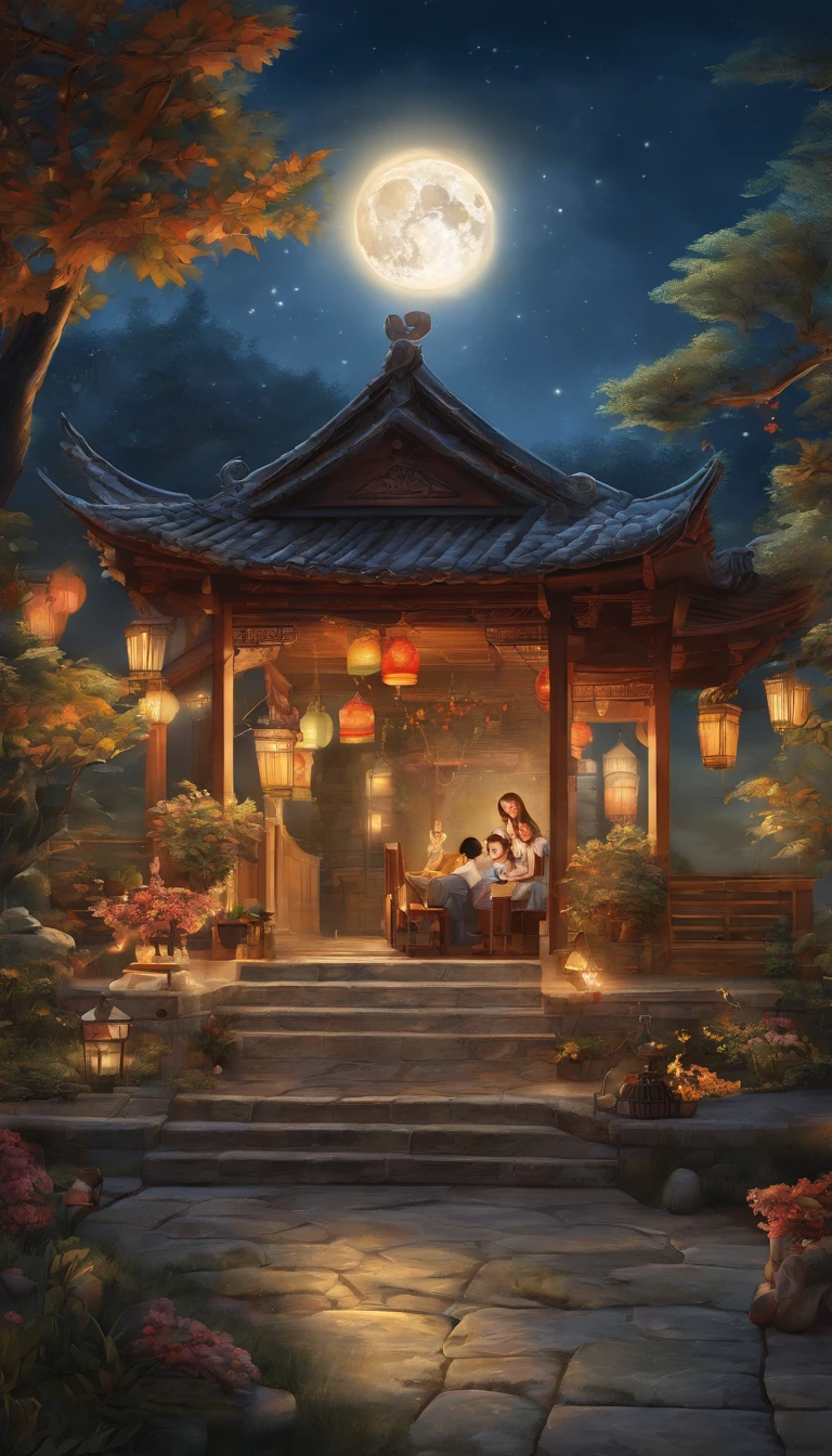The family sits together, Enjoy a festive dinner, Surrounded by a warm and comfortable atmosphere. The room was beautifully decorated,Equipped with lanterns, Moonlight shone through the windows, Cast a soft glow on everyone's face. The family laughed and talked, Express their love and happiness on this special occasion. The artwork is created with the finest materials, Such as oil painting or high-resolution digital rendering, Ensure the highest quality and detail. The colors are vivid and vibrant, Create visually stunning representations for holiday celebrations. Well-designed lighting, Focus on capturing the warm and tranquil atmosphere of the evening. The artwork is a masterpiece, With ultra-fine elements and realism, Photorealistic style. The moon in the night sky is depicted as a perfect circle, Represents the full moon of the Mid-Autumn Festival. The scene was full of fun, Love, and togetherness, Capture the essence of the festival.