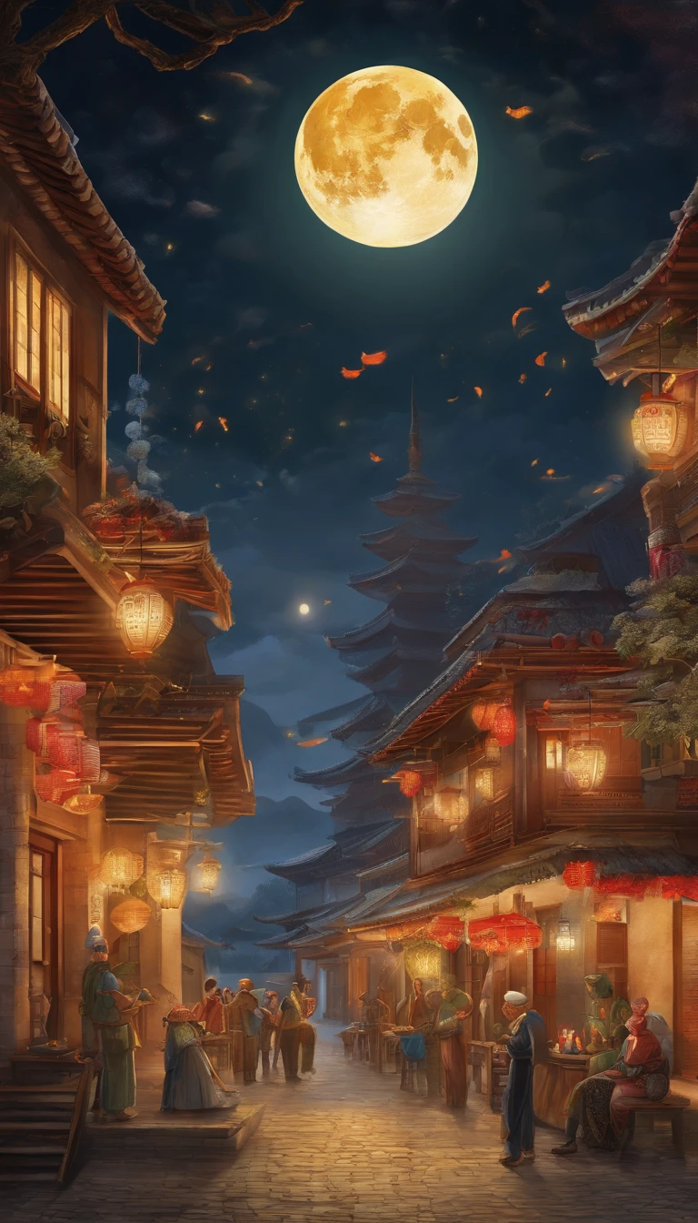 The family sits together, Enjoy a festive dinner, Surrounded by a warm and comfortable atmosphere. The room was beautifully decorated,Equipped with lanterns, Moonlight shone through the windows, Cast a soft glow on everyone's face. The family laughed and talked, Express their love and happiness on this special occasion. The artwork is created with the finest materials, Such as oil painting or high-resolution digital rendering, Ensure the highest quality and detail. The colors are vivid and vibrant, Create visually stunning representations for holiday celebrations. Well-designed lighting, Focus on capturing the warm and tranquil atmosphere of the evening. The artwork is a masterpiece, With ultra-fine elements and realism, Photorealistic style. The moon in the night sky is depicted as a perfect circle, Represents the full moon of the Mid-Autumn Festival. The scene was full of fun, Love, and togetherness, Capture the essence of the festival.