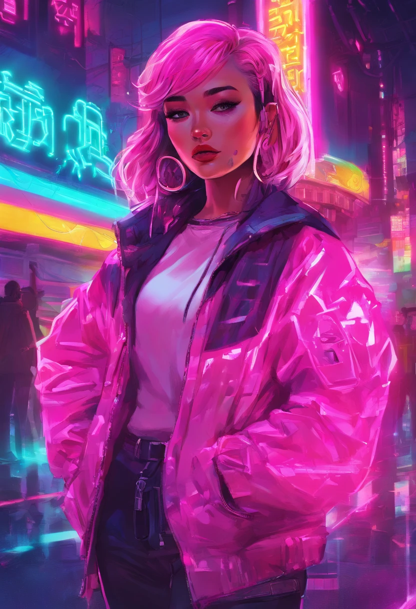 A woman in a pink jacket standing in front of a neon city - SeaArt AI