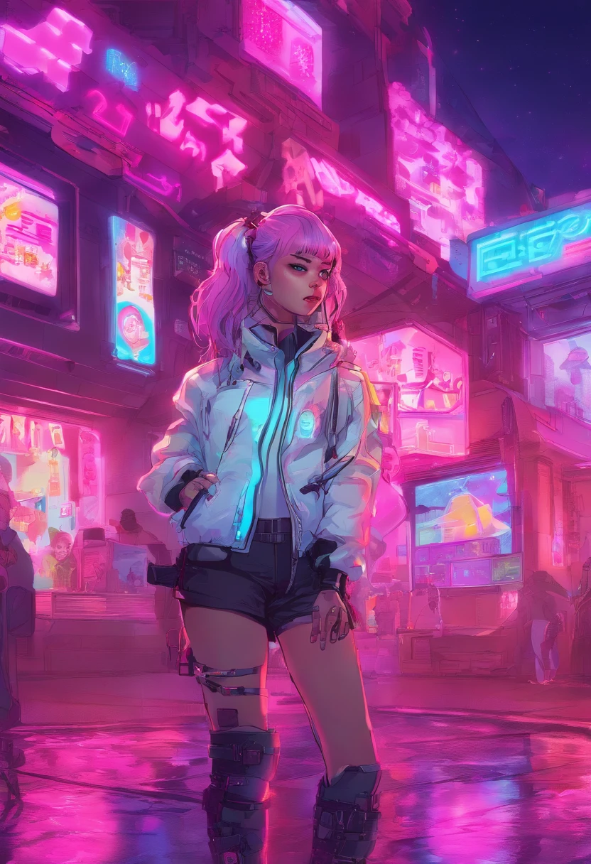 A girl in a white jacket is in front of a building in a city, in the style of kawaii art, light magenta and light black, glowing lights, shiny/ glossy, detailed costumes, soft yet vibrant, playful yet dark