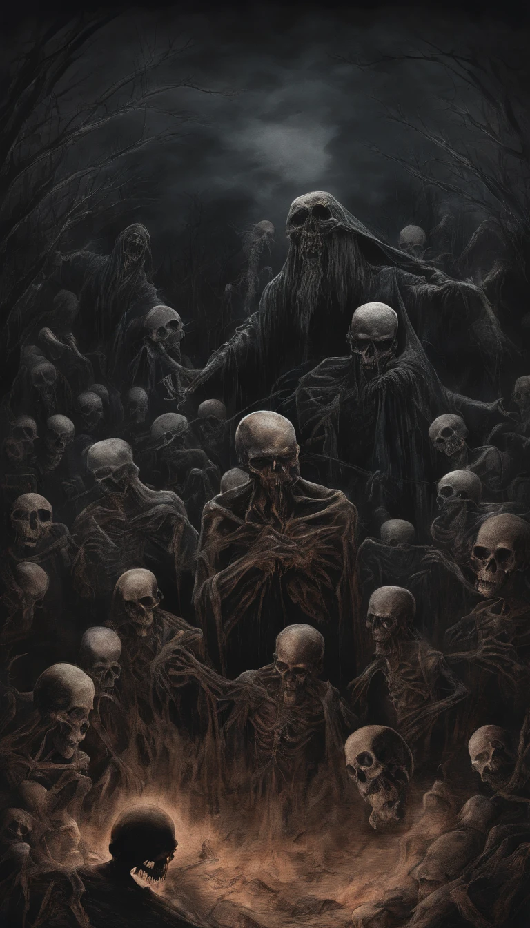(nighttime scene), Horror, haunted, dead body, skulls, Images depicting hell, Necrotic bacteria, Image style painting, Realistic, Shadows, HD, High quality, Cinematic