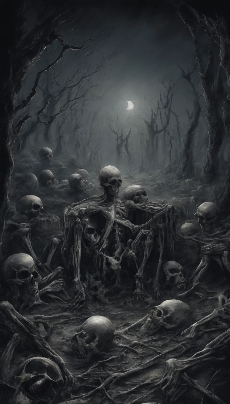 (nighttime scene), Horror, haunted, dead body, skulls, Images depicting hell, Necrotic bacteria, Image style painting, Realistic, Shadows, HD, High quality, Cinematic