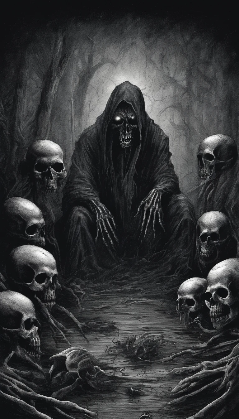 (nighttime scene), Horror, haunted, dead body, skulls, Images depicting hell, Necrotic bacteria, Image style painting, Realistic, Shadows, HD, High quality, Cinematic