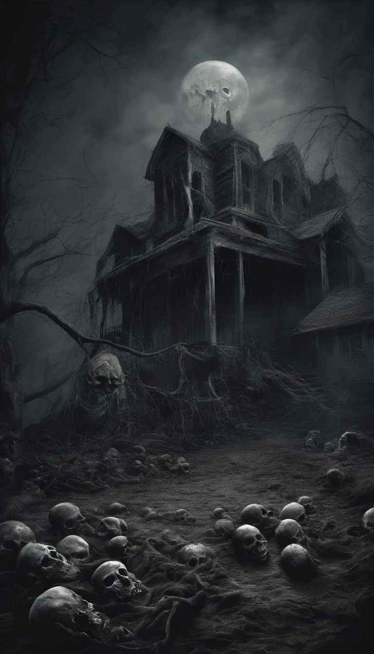 (nighttime scene), Horror, haunted, dead body, skulls, Images depicting hell, Necrotic bacteria, Image style painting, Realistic, Shadows, HD, High quality, Cinematic
