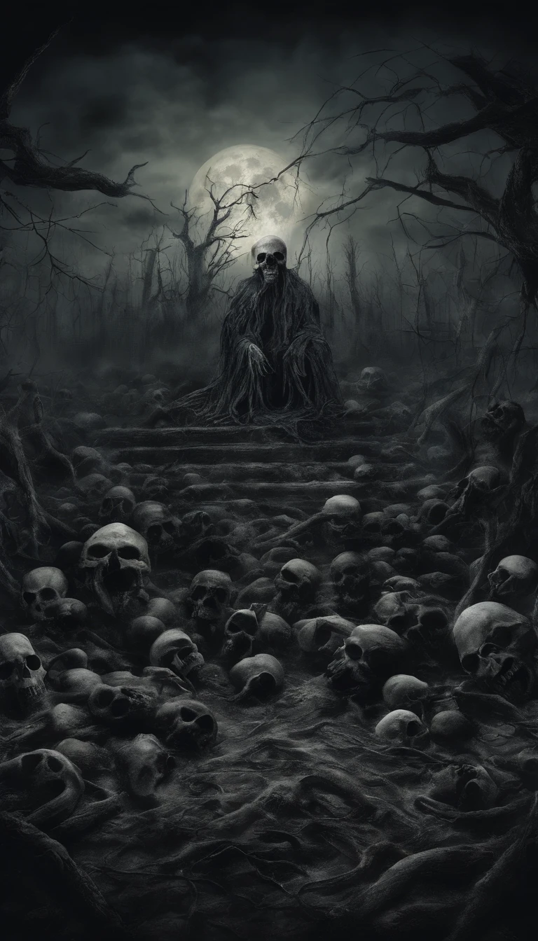 (nighttime scene), Horror, haunted, dead body, skulls, Images depicting hell, Necrotic bacteria, Image style painting, Realistic, Shadows, HD, High quality, Cinematic