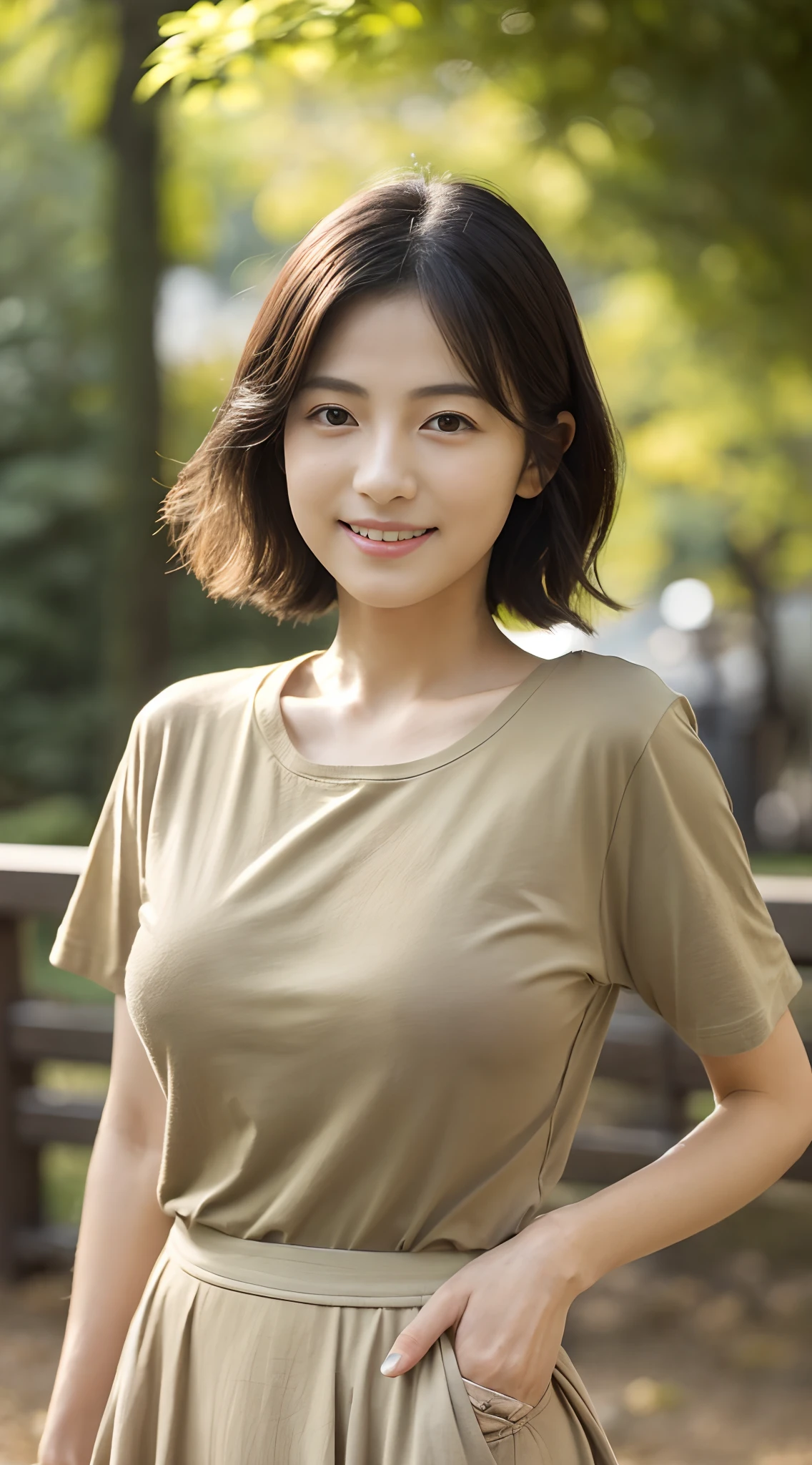 (Raw photo, Best Quality), (Realistic, Photorealsitic:1.3), masterpiece, Extremely delicate and beautiful, Soft light, (Brown hair, Short hair swaying in the wind, Bangs), Beautiful detailed girl, (Detailed fingers), extremely detailed eye and face, beautiful detailed nose, Beautiful detailed eyes, 1 girl, Japanese, Neat and clean beauty, Cute, 年轻, Smile, T-shirt, Pants, (Half body:1.3), (medium breasts), Realistic face, Realistic body, Outdoors