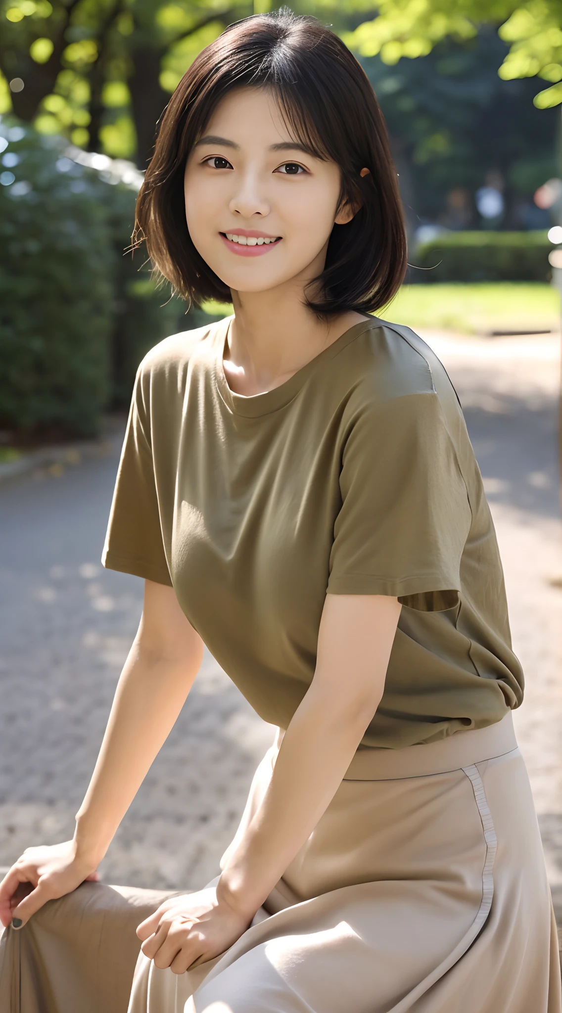 (japanes),(32years old), (Slender woman), (small tits),(Slender eyes),Single eyelid,(She is short in stature),(She wears almost no makeup),Natural makeup,thin lipss,Smiling,The length of hair to the shoulders,Black hair,(She is in a well-lit park),(She has small breasts), (((She wears a big olive-colored t-shirt))), ((She wears a long skirt in beige)), (Photorealistic), (Ray tracing), (Sharp Focus), 鎖骨, (Detailed face), natural and realistic skin textures, Soft face, (((Cameltoe))),((perfect anatomia:1.4))