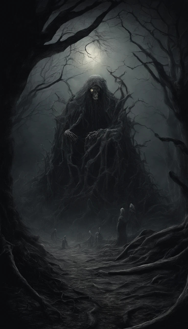 (nighttime scene), Horror, haunted, dead body, skulls, Images depicting hell, Necrotic bacteria, Image style painting, Realistic, Shadows, HD, High quality, Cinematic