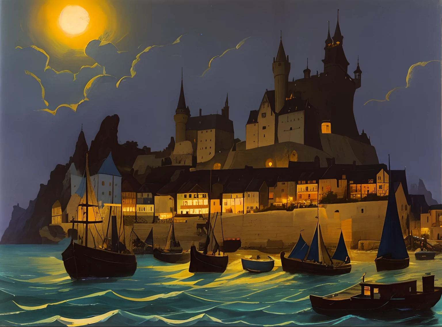 painting of a blue castle on a cliff with blue boats , yellowi lights in houses in the blue water, by Franz Sedlacek, victorian harbour night, by László Balogh, van allsburg, by Grzegorz Rutkowski, by Alfons Karpiński, by Karl Hofer, old - school dark fantasy art, by Peter mac, chaos