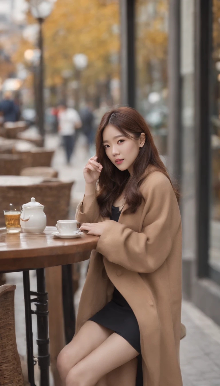 (the chest is very large), (Very good style), (Very leggy), (Long hair), gorgeous young korean woman, beautiful young korean woman, Young and adorable Korean face, jaeyeon nam,Fashionable autumn outfit、Reading at a fashionable open café on Gaien Street