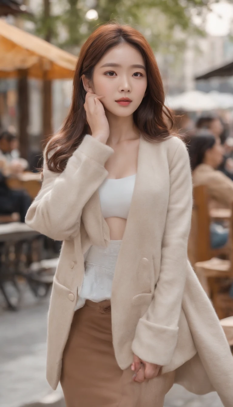 (the chest is very large）, （Very good style）, （Very leggy）, （Long hair）, gorgeous young korean woman, beautiful young korean woman, Young and adorable Korean face, jaeyeon nam,Fashionable autumn outfit、Reading at a fashionable open café on Gaien Street