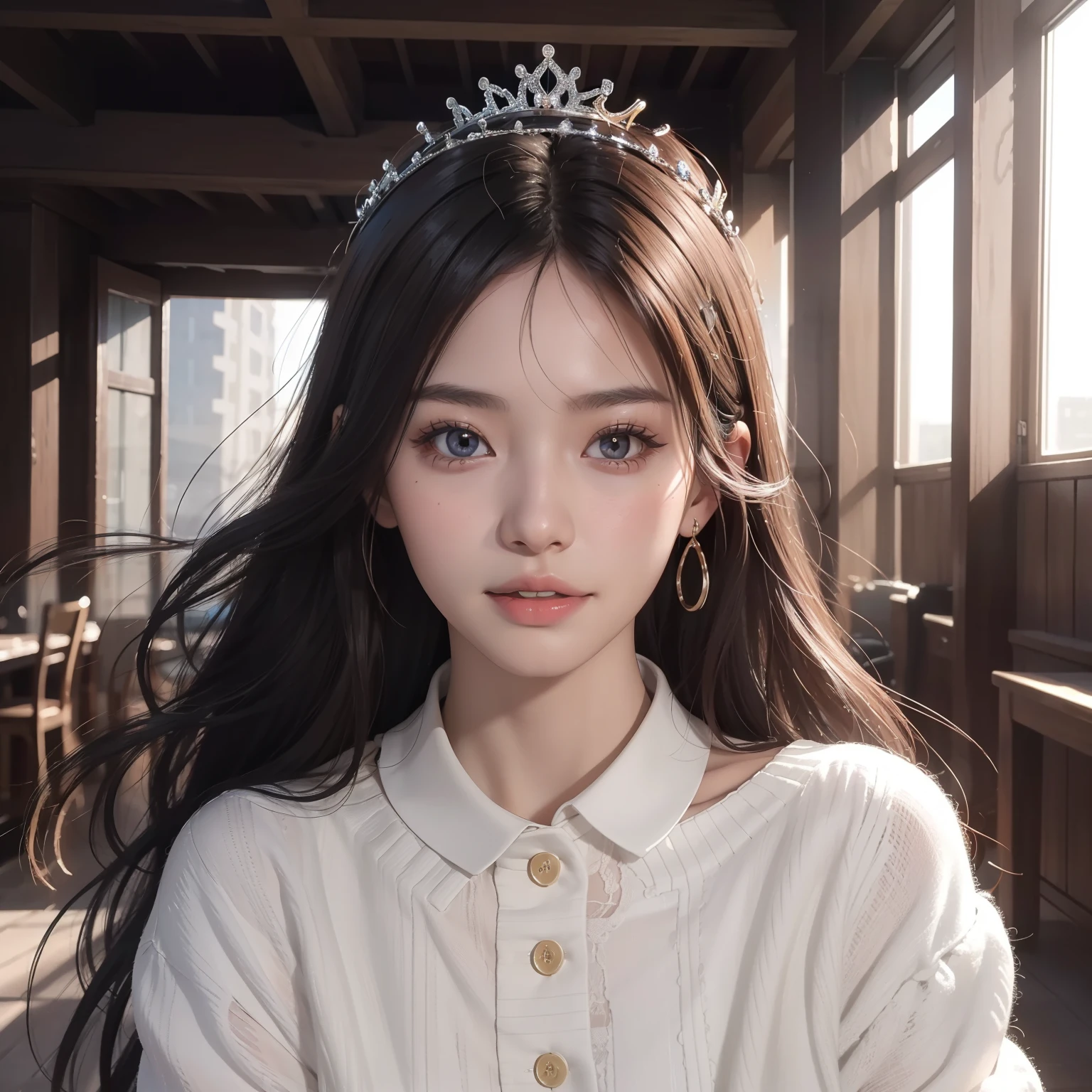 (8K, RAW photo, Best quality, Masterpiece:1.2), (Realistic, photo-realistic:1.37), Ultra-detailed, 超高分辨率, twtzuyu, 1 girl,view the viewer,Smile, ((Wear a crown on your head)), queen, Beautiful detailed eyes,  (Floating hair), Detailed clothes,  Skin texture, Cinematic lighting, Professional lighting,