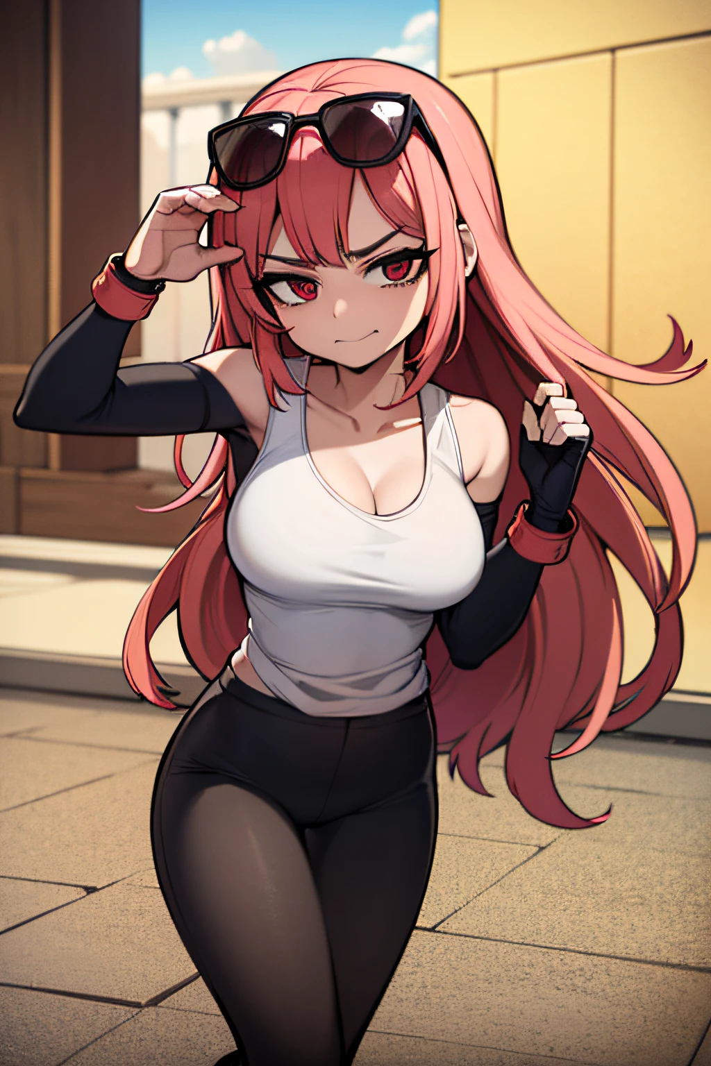 Boy, male body, adult, girl face, seductive face, provocative look, , long pink hair, perfect body, fit body, thin waist, black shirt, muscular, small girl's chest, red volleyball shorts, big pretuberance, male genital, sissy, femboy, open legged crouch