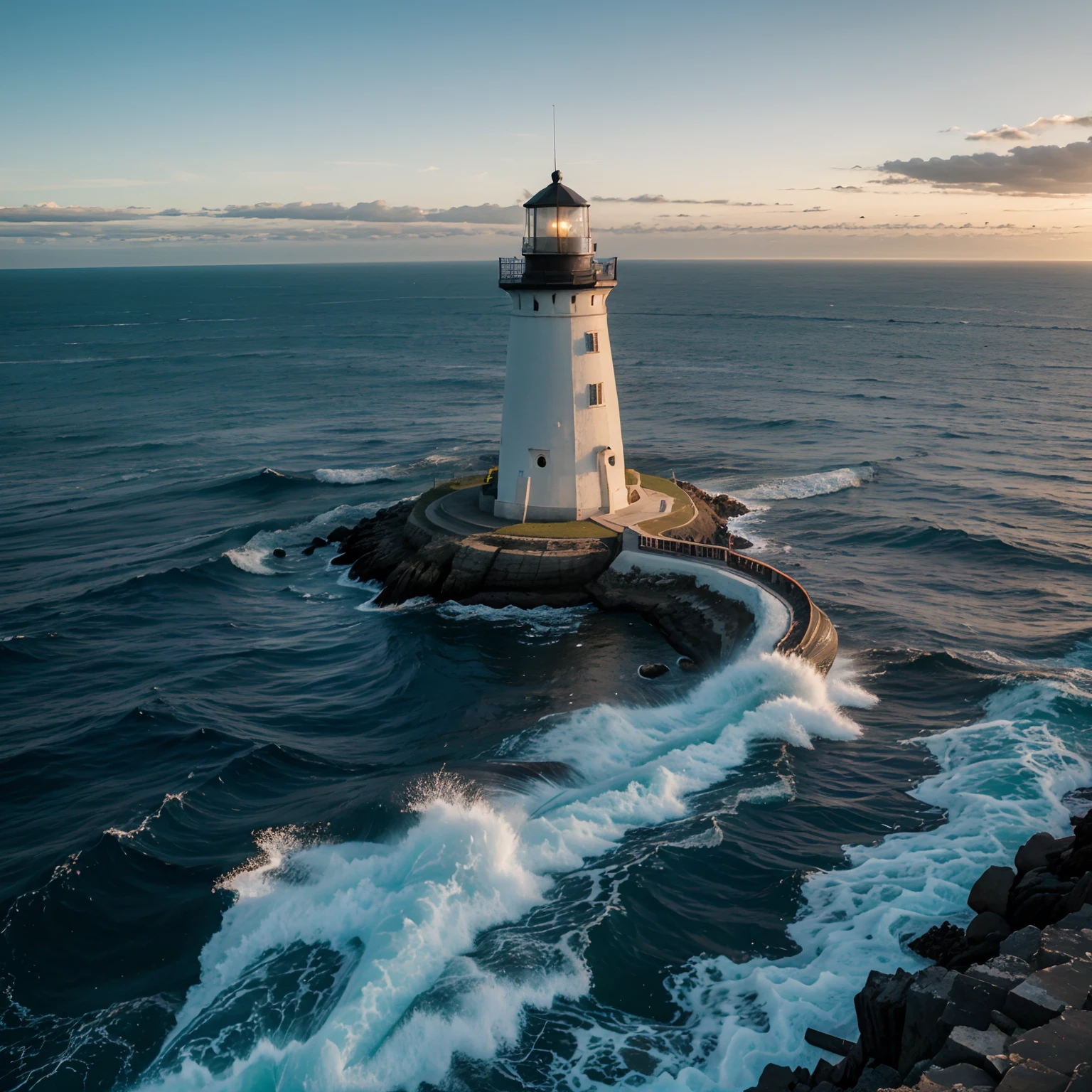 A beautiful ocean with a lighthouse