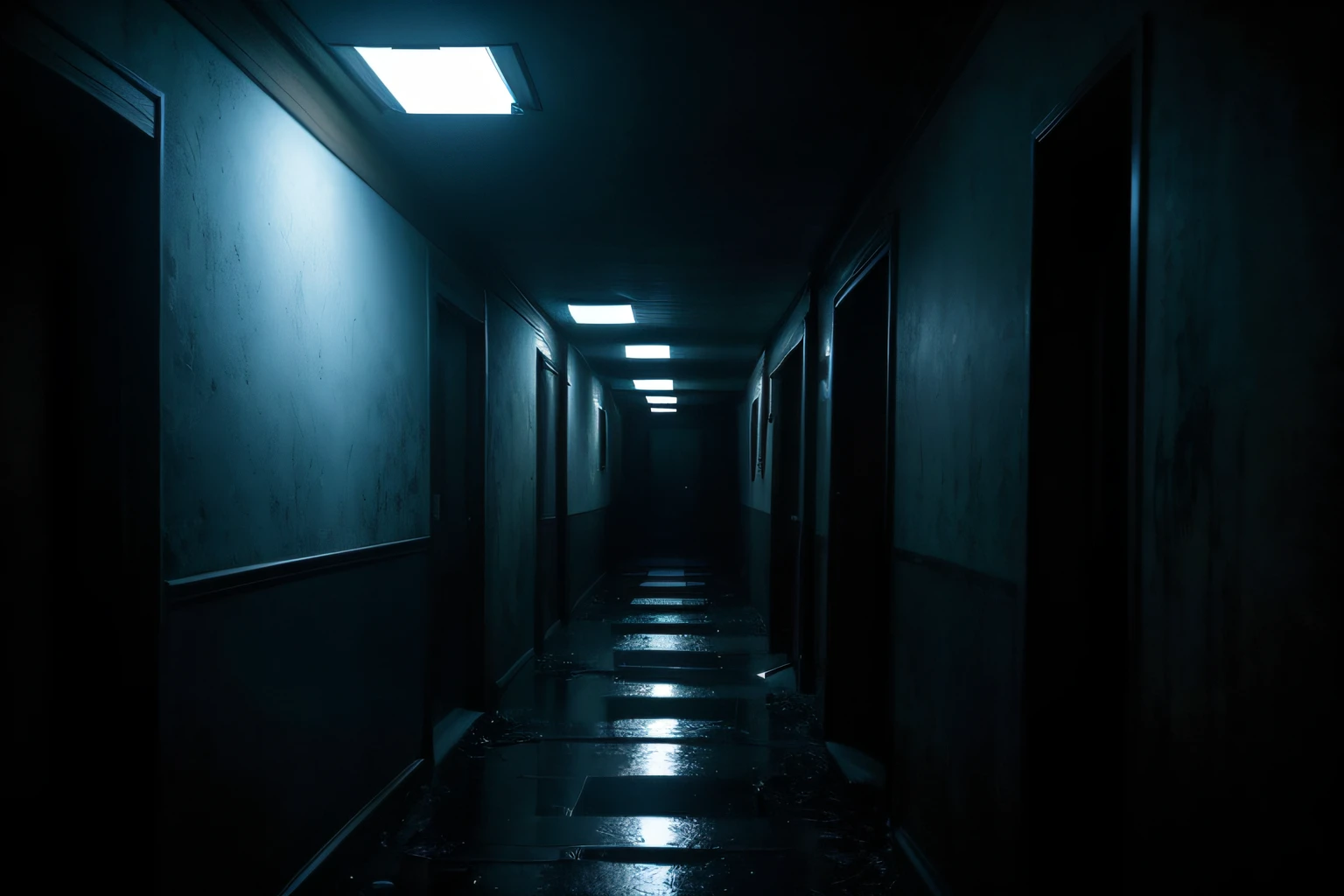 (Best quality,A high resolution:1.2),dark hallway,No light,barely visible,creepy atmosphera,Ominous Shadows,echoing footsteps,Mysterious doorway,Causes anxiety,Disturbing resonance,horror movie scene,spooky ambiance,Claustrophobic space,The feeling of abandonment,Pitch-black corridors,Use one's noodle,filled with fear,An unforgettable presence,The voice of a whisper,Faint flickering light,Nervous anticipation,Mind play skills,Cold and damp,heart pounding,Secrets lurking in the dark,eerie silence,Trembling of the spine