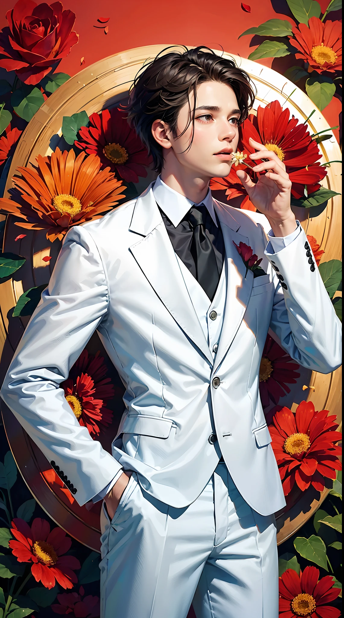 The man is wearing a white suit and tie. Biting red flowers, tie tie pose. floral savanna background. flower petals flying in the atmosphere.biting the flower stem pose.