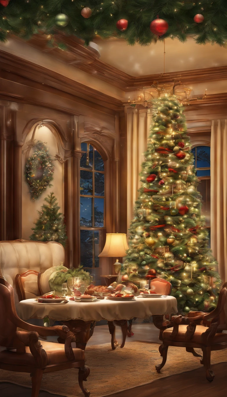 The family sits together, Enjoy a festive dinner, Surrounded by a warm and comfortable atmosphere. The room was beautifully decorated,Cast a soft glow on everyone's face. The family laughed and talked, Express their love and happiness on this special occasion. The artwork is created with the finest materials, Such as oil painting or high-resolution digital rendering, Ensure the highest quality and detail. The colors are vivid and vibrant, Create visually stunning representations for holiday celebrations. Well-designed lighting, Focus on capturing the warm and tranquil atmosphere of the evening. The artwork is a masterpiece, With ultra-fine elements and realism, Photorealistic style