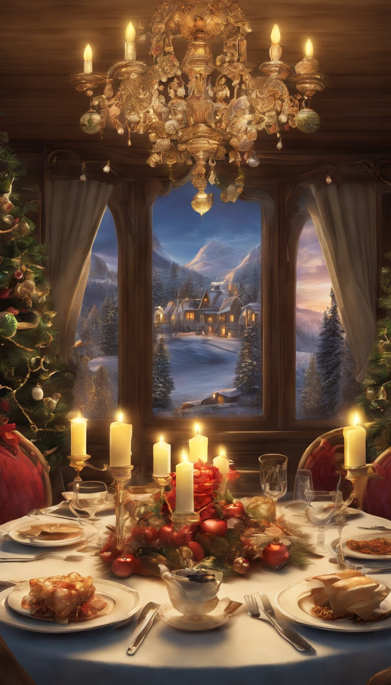 The family sits together, Enjoy a festive dinner, Surrounded by a warm and comfortable atmosphere. The room was beautifully decorated,Cast a soft glow on everyone's face. The family laughed and talked, Express their love and happiness on this special occasion. The artwork is created with the finest materials, Such as oil painting or high-resolution digital rendering, Ensure the highest quality and detail. The colors are vivid and vibrant, Create visually stunning representations for holiday celebrations. Well-designed lighting, Focus on capturing the warm and tranquil atmosphere of the evening. The artwork is a masterpiece, With ultra-fine elements and realism, Photorealistic style