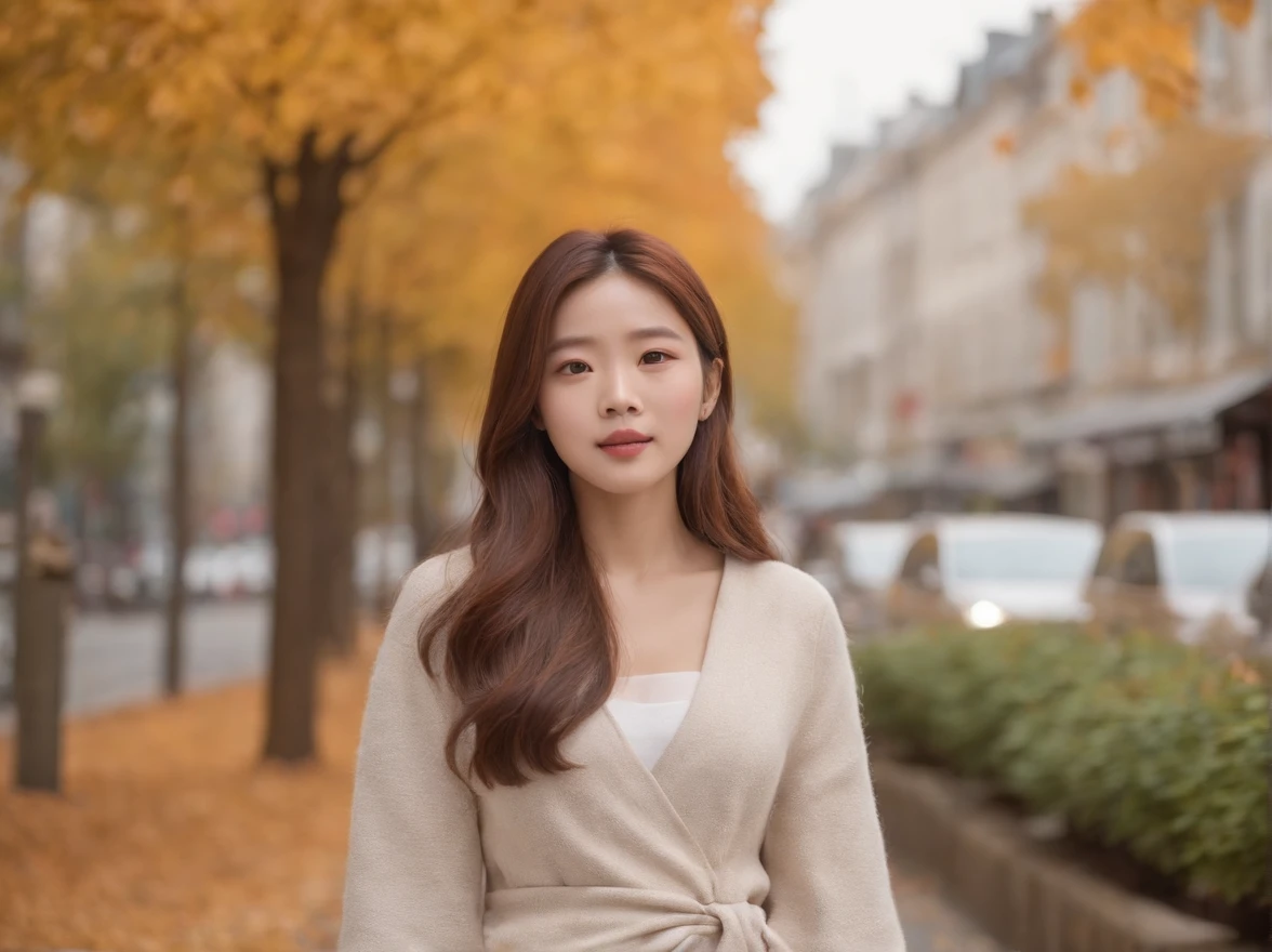 (the chest is very large）, （Very good style）, （Very leggy）, （Long hair）, gorgeous young korean woman, beautiful young korean woman, Young and adorable Korean face, jaeyeon nam,Fashionable autumn outfit、Walking along the autumn foliage-lined street of Gaien Street