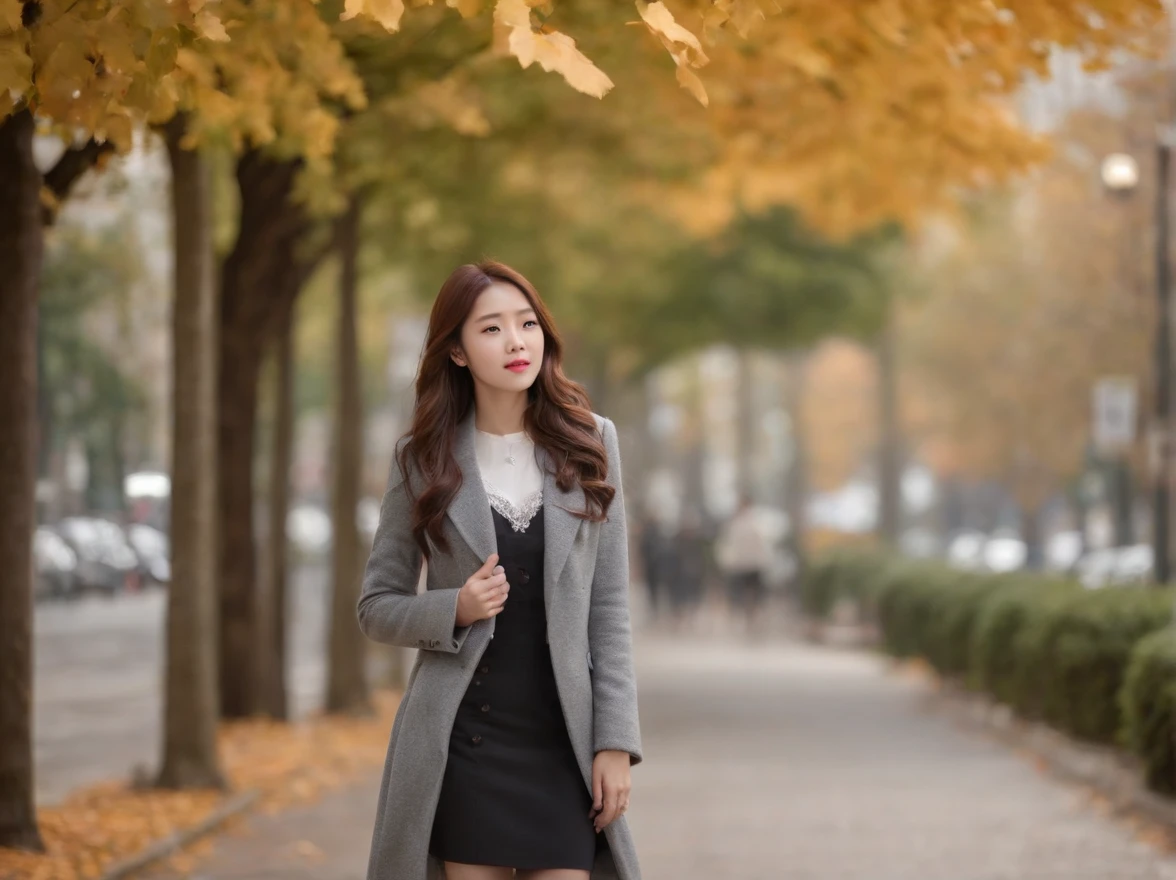 (the chest is very large), (Very good style), (Very leggy), (Long hair), gorgeous young korean woman, beautiful young korean woman, Young and adorable Korean face, jaeyeon nam,Fashionable autumn outfit、Walking along the autumn foliage-lined street of Gaien Street