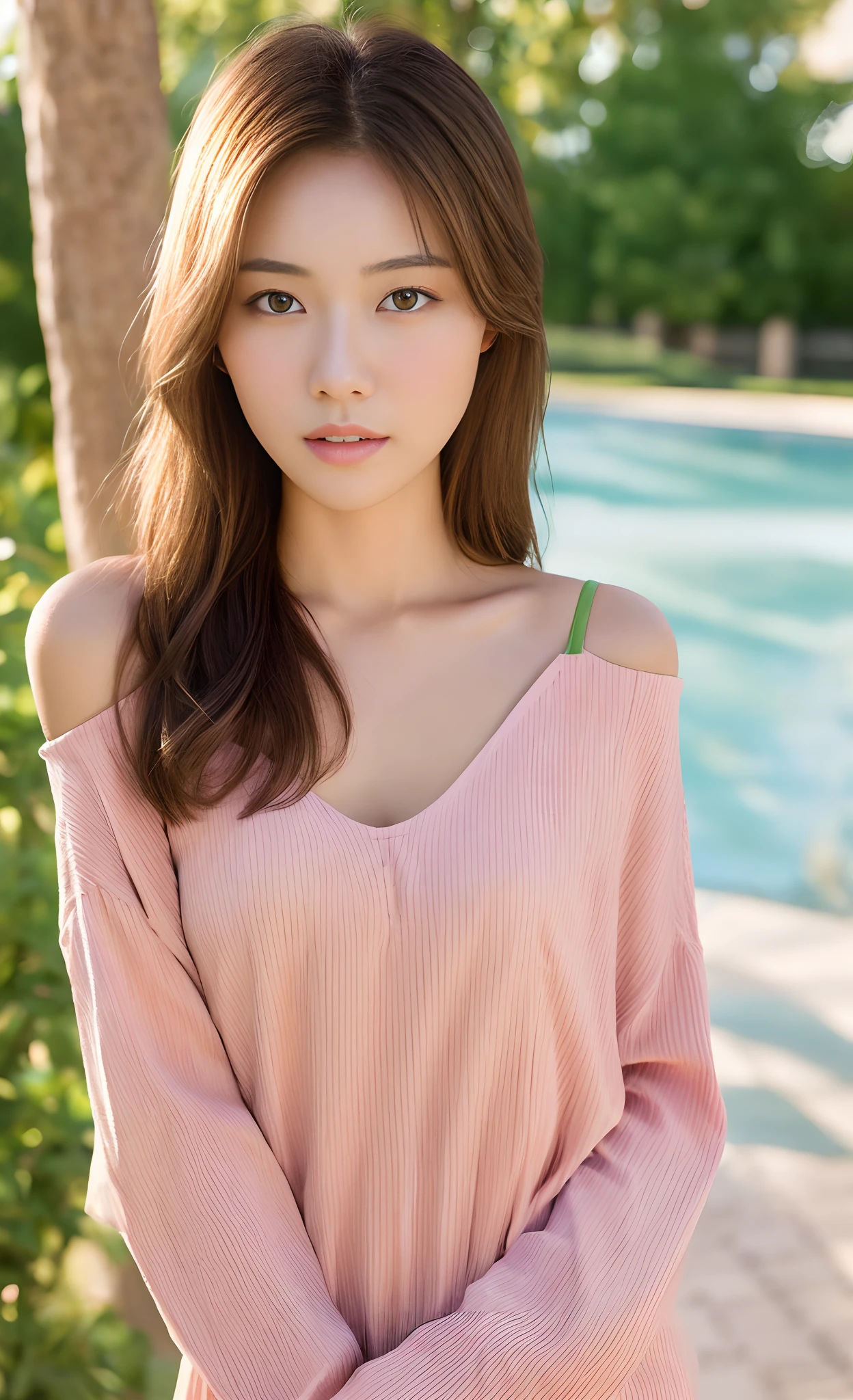 (((masterpiece))), ((top-quality)), detaileds, 独奏, 1girl, Light brown hair with gradients、 ,18year old, Pose Seductive, ((small tits)), (very small breasts),, (big breasts thin waist) (If you look at the viewer:2), length hair, long eyeslashes, eyeshadows, a small face, big eye, bare shoulders, highly contrast,The ultra -The high-definition, Outstanding detail, 8K, Blush face, attractive collarbone, Sexy shoulders, with blush cheeks, Nikon Z9, 30mm lens、Sharp Focus Face、f / 4、ISO 200、shutter 1/250、Beauty Light、medium shot、Unripe、intricate-detail、awardwinning photo、Excellent contrast、high sharpness、facial symmetry、bokeh dof、ultra-detailliert、Long sleeve high neck shirt、Slimed、A slender