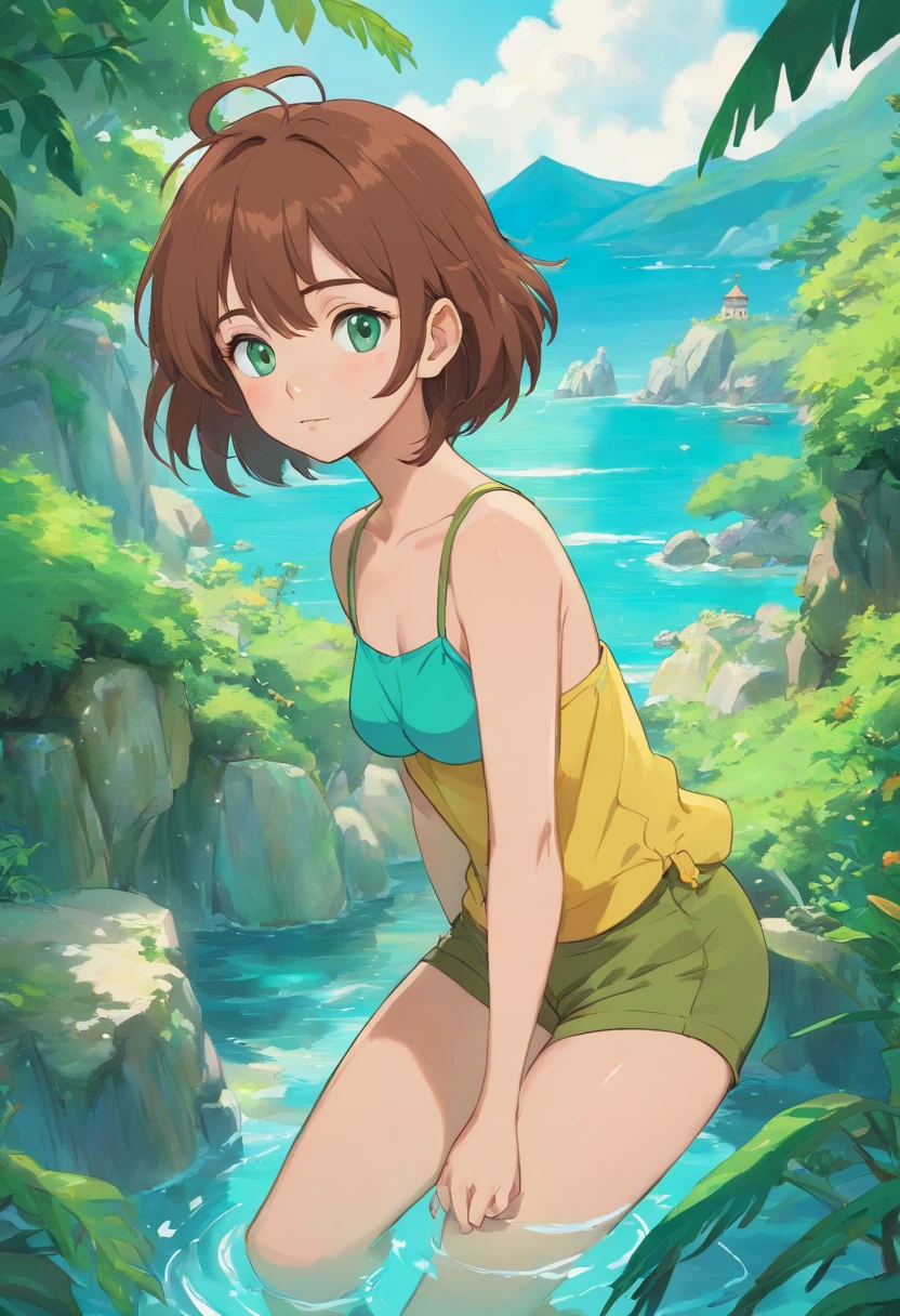 a feminine boy, male, no boobs, very big butt, no breasts, hourglass figure, big thighs, smooth skin, brown very short fluffy hair, green eyes, long eyelashes, black eyeliner, e girl fashion short shorts, crop top, seductive pose, in the style of tranquil gardenscapes, colorful animation stills, masami teraoka, aquamarine, paul gauguin, Embry style, honest portrayal