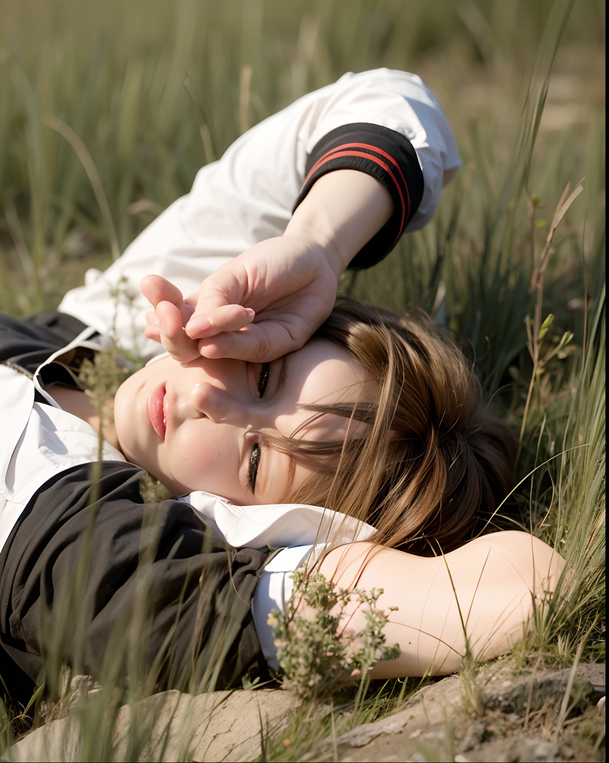 A boy lying with his hand on his face