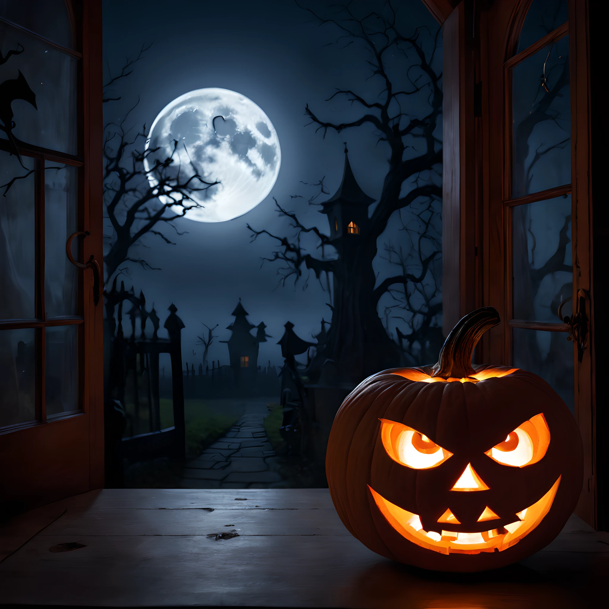 scary Jack O'lantern in the antique house, Swaying jack-o'-lantern, moon light, canny、dynamic,