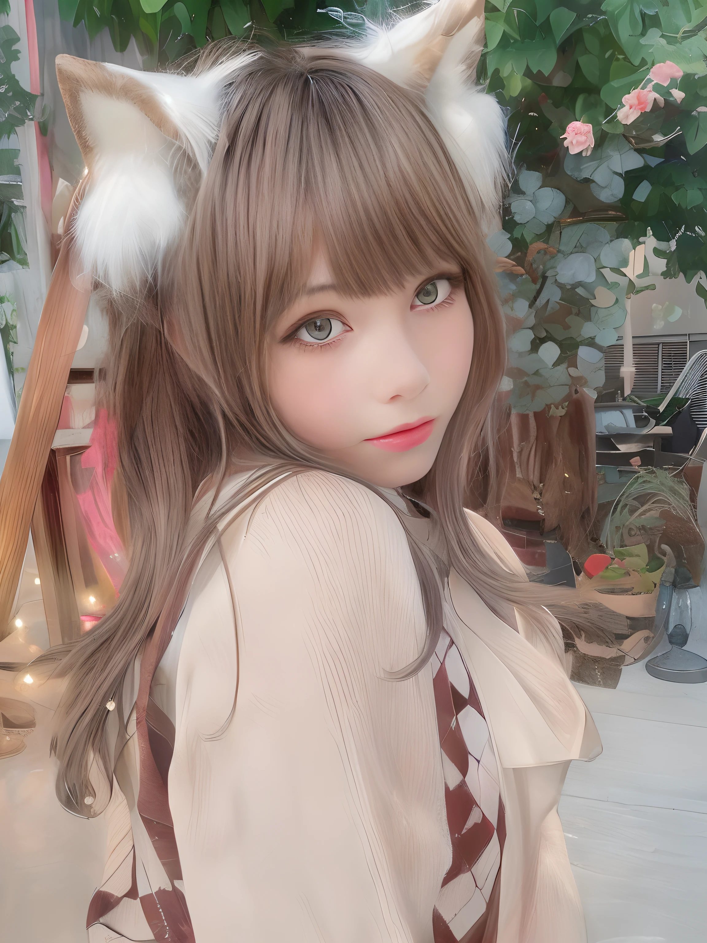 There is a girl with cat ears and a bag, kemonomimi, sakimichan, shikamimi, very beautiful cute catgirl, sakimichan, brown hair and bangs, Rin, cute natural anime face, 🍂 Cute, brown long hair with bangs, Brown hair with bangs, girl cute-fine-face, ulzzangs