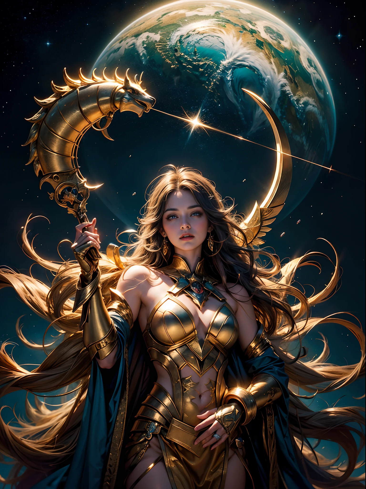 Sagittarius，Magical golden Sagittarius astrolabe，Sagittarius image, demihuman, half horse，((Charming Sagittarius female character:1.2),(Sagittarius symbol:1.1),starryskybackground,The stars twinkle,A sense of mystery,Cosmic elements,Majestic and deep atmosphere,Gorgeous decorative details,mesmerizing eyes,long hair flowing,starlight embellishment,dream colors)