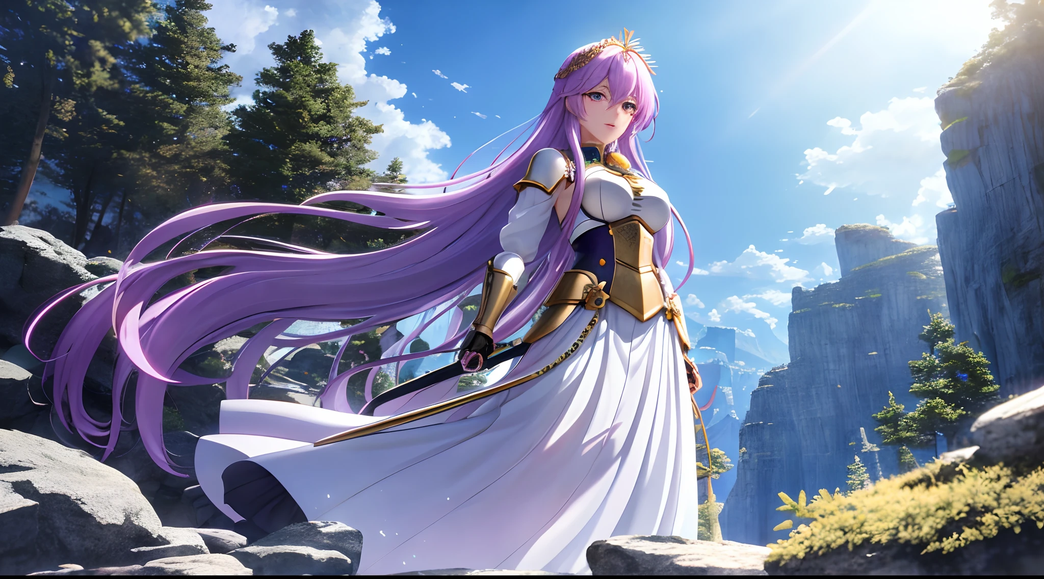 Athena with plain long light purple hair,hair between eyes,green eyes,rosy cheeks,full lips,thin eyebrows,slender body,wearing knight armor pauldrons and full long skirt,praying beads on neck,cute anime girl,full body,rocky cliffs in background,anime style,Lumen Reflections,Screen Space Reflections,Diffraction Grading,Chromatic Aberration,GB Displacement,Scan Lines,Ray Traced,Anti-Aliasing,FXAA,TXAA,RTX,SSAO,Shaders,OpenGL-Shaders, GLSL-Shaders,Post Processing,Post-Production,cell Shading,Tone Mapping,CGI,VFX,SFX,insanely detailed and intricate, 4K,standing, solo, masterpiece, best quality, detailed face, detailed eyes, highres, standing, solo,masterpiece, best quality