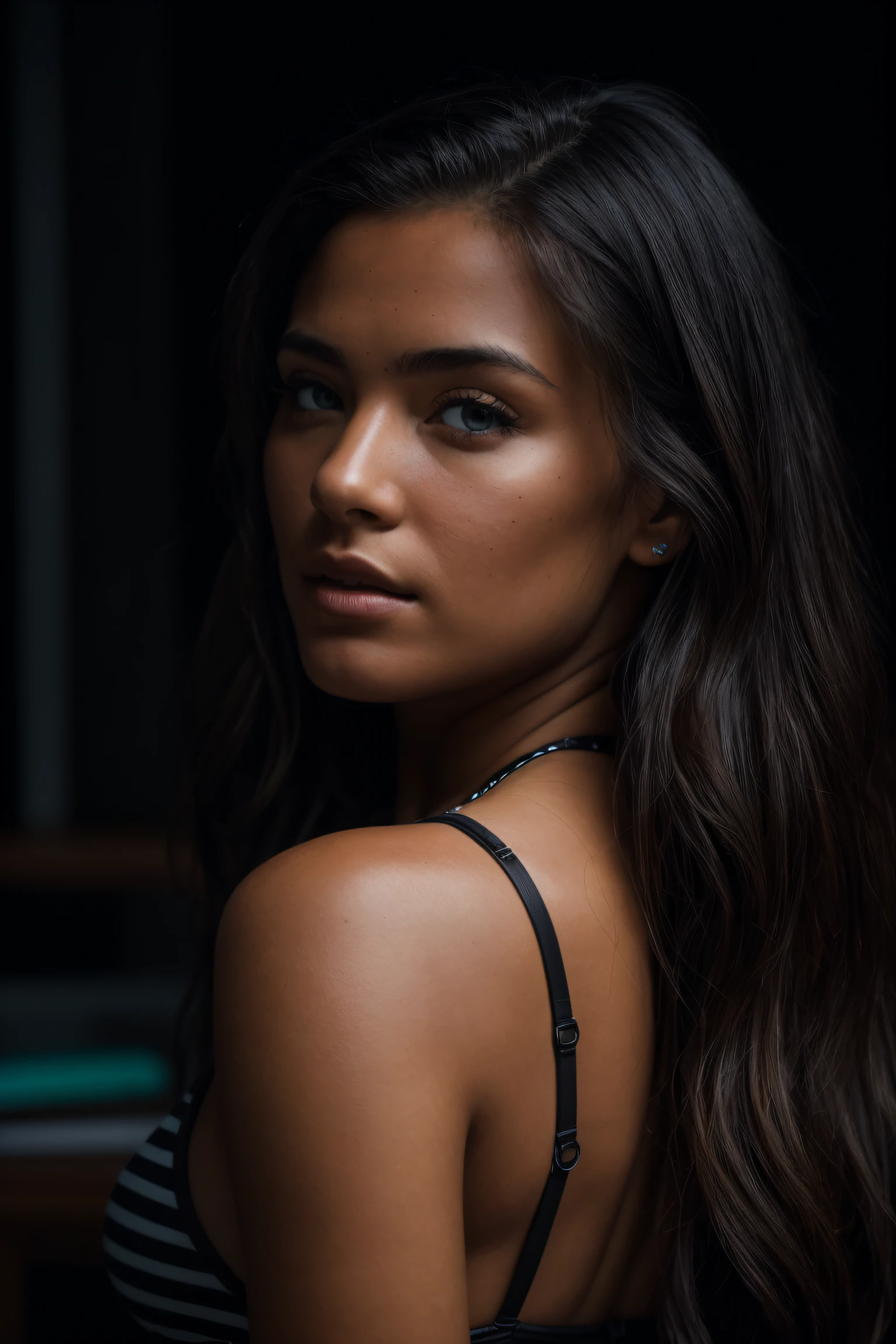 (close-up, editorial photograph of a 21-year-old woman), (highly detailed face:1.4) (smile:0.7) (background inside dark, moody, private study:1.3) POV, by Lee Jeffries, Nikon d850, film stock photograph ,4 Kodak Portra 400 , camera f1.6 lens , rich colors ,hyper-realistic ,lifelike texture, dramatic lighting, cine still 800, Hawaii beach, woman, black bikini,back view, landscape, side picture, beautiful eyes,