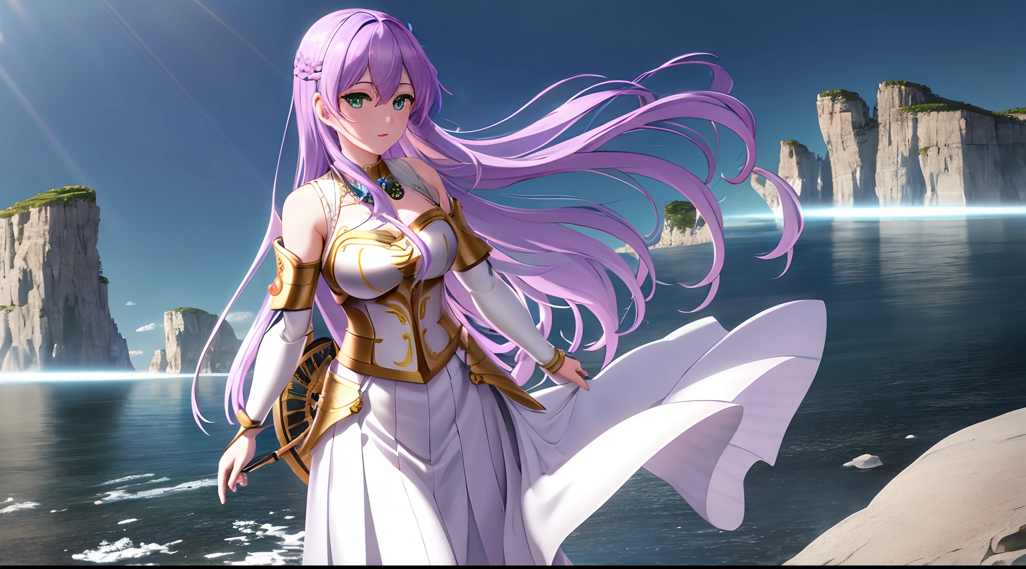 Athena with plain long light purple hair,hair between eyes,green eyes,rosy cheeks,full lips,thin eyebrows,slender body,wearing knight armor pauldrons and full long skirt,praying beads on neck,cute anime girl,full body,rocky cliffs in background,anime style,Lumen Reflections,Screen Space Reflections,Diffraction Grading,Chromatic Aberration,GB Displacement,Scan Lines,Ray Traced,Anti-Aliasing,FXAA,TXAA,RTX,SSAO,Shaders,OpenGL-Shaders, GLSL-Shaders,Post Processing,Post-Production,cell Shading,Tone Mapping,CGI,VFX,SFX,insanely detailed and intricate, 4K,standing, solo, masterpiece, best quality, detailed face, detailed eyes, highres, standing, solo,masterpiece, best quality