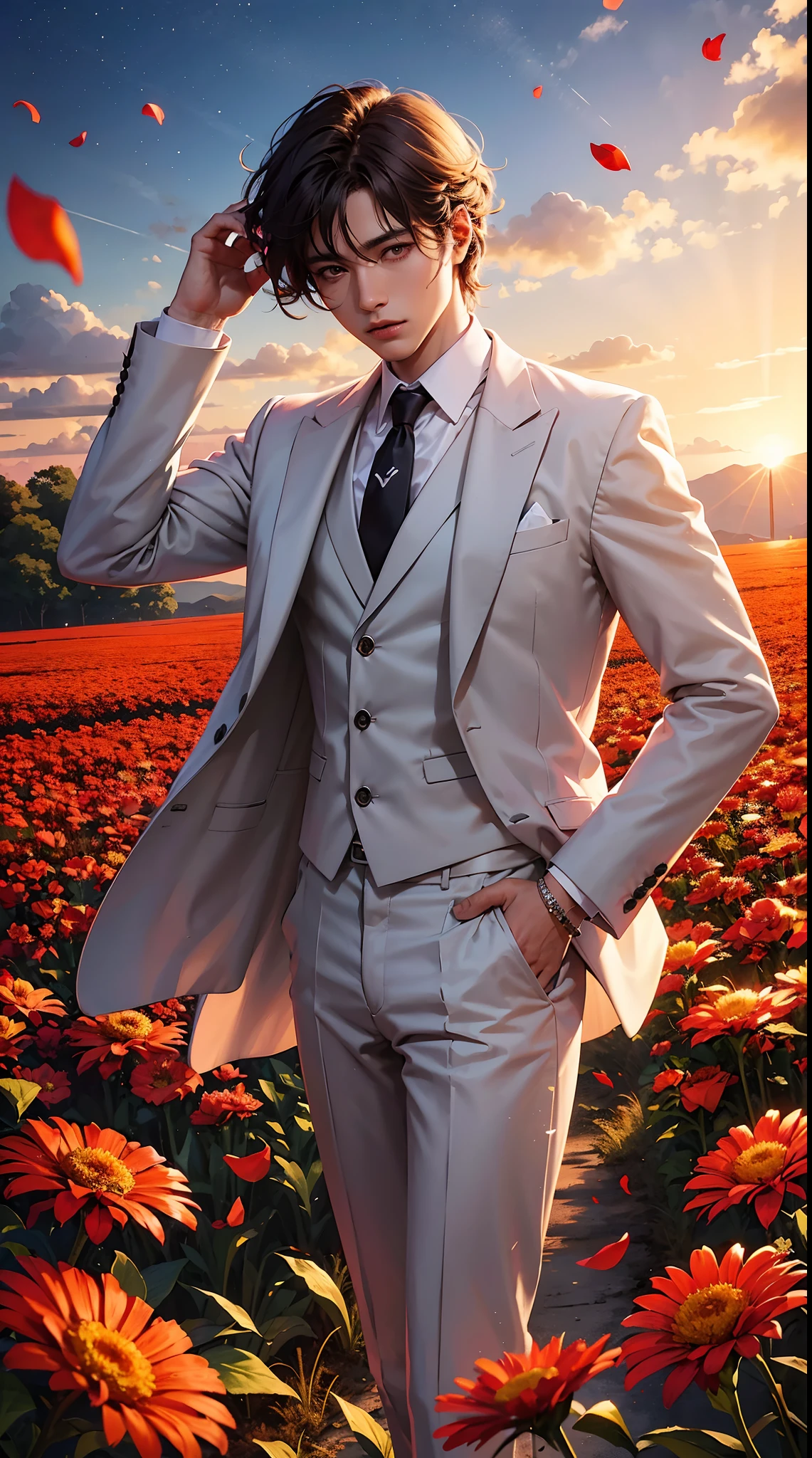 The man is wearing a white suit and tie. Biting red flowers, tie tie pose. floral savanna background. flower petals flying in the atmosphere.biting the flower stem pose. dark atmosphere, hd backround, light and dark balance, sunset aura