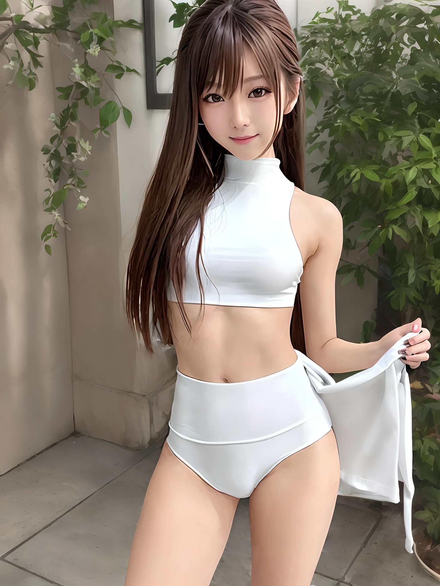 (Photorealsitic)(sixteen years old), Perfectly beautiful woman, (Full body 8K portrait), Large and dynamic hand and foot movements, Make a high side kick, White Karate Uniform, White karate pants, Large bust,Stand alone, Correct skeleton, Perfect facial detail, (Smile: 1.15), attractive beautiful face, gazing at viewer, a small face, 二重まぶた, Beautiful detailed eyes, long eyeslashes, ligh brown hair, poneyTail, Toned waist, Beautiful thin legs, toned ankles, bare-legged ,TOKYOcty