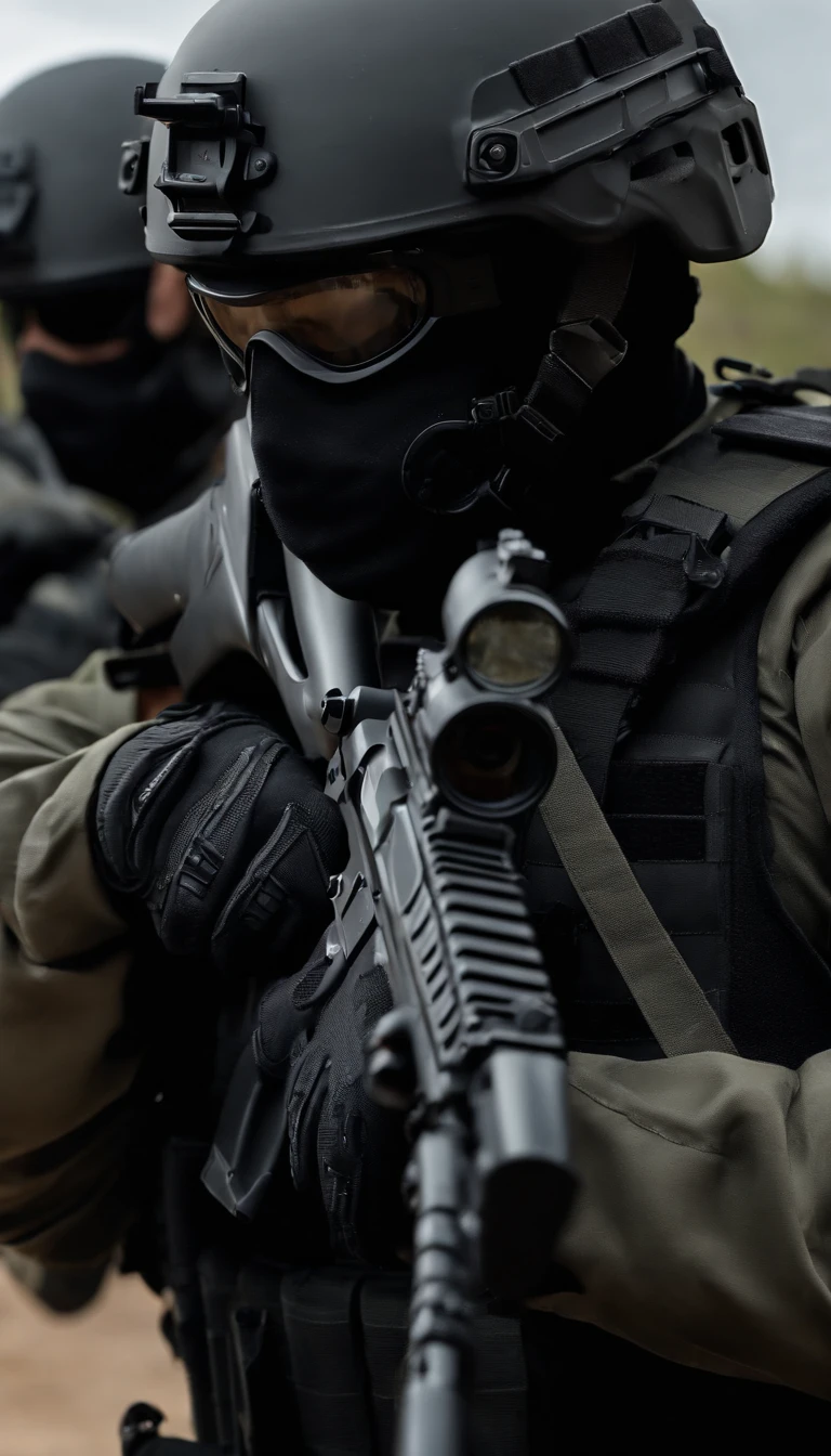 (Best quality,4K,8K,A high resolution,Masterpiece:1.2),Ultra-detailed,(Realistic,Photorealistic,photo-realistic:1.37), One of them wore a black SWAT uniform,Man in black helmet, A man in a black mask holds a gun, Air rifle CQB, French Special Operations, realistic soldiers, Soldiers in tactical equipment, tactical gear, cinematic —ar 16:9, realistic military equipment, Tactical armor, Black tactical equipment, combat outfit, Futuristic soldier costume, special forces security(Best quality,4K,8K,A high resolution,Masterpiece:1.2),Ultra-detailed,(Realistic,Photorealistic,photo-realistic:1.37), One of them wore a black SWAT uniform,Man in black helmet, A man wearing a black skull mask holds a gun, Air rifle CQB, French Special Operations, realistic soldiers, Soldiers in tactical equipment, tactical gear, cinematic —ar 16:9, realistic military equipment, Tactical armor, Black tactical equipment, combat outfit, Futuristic soldier costume, special forces security
