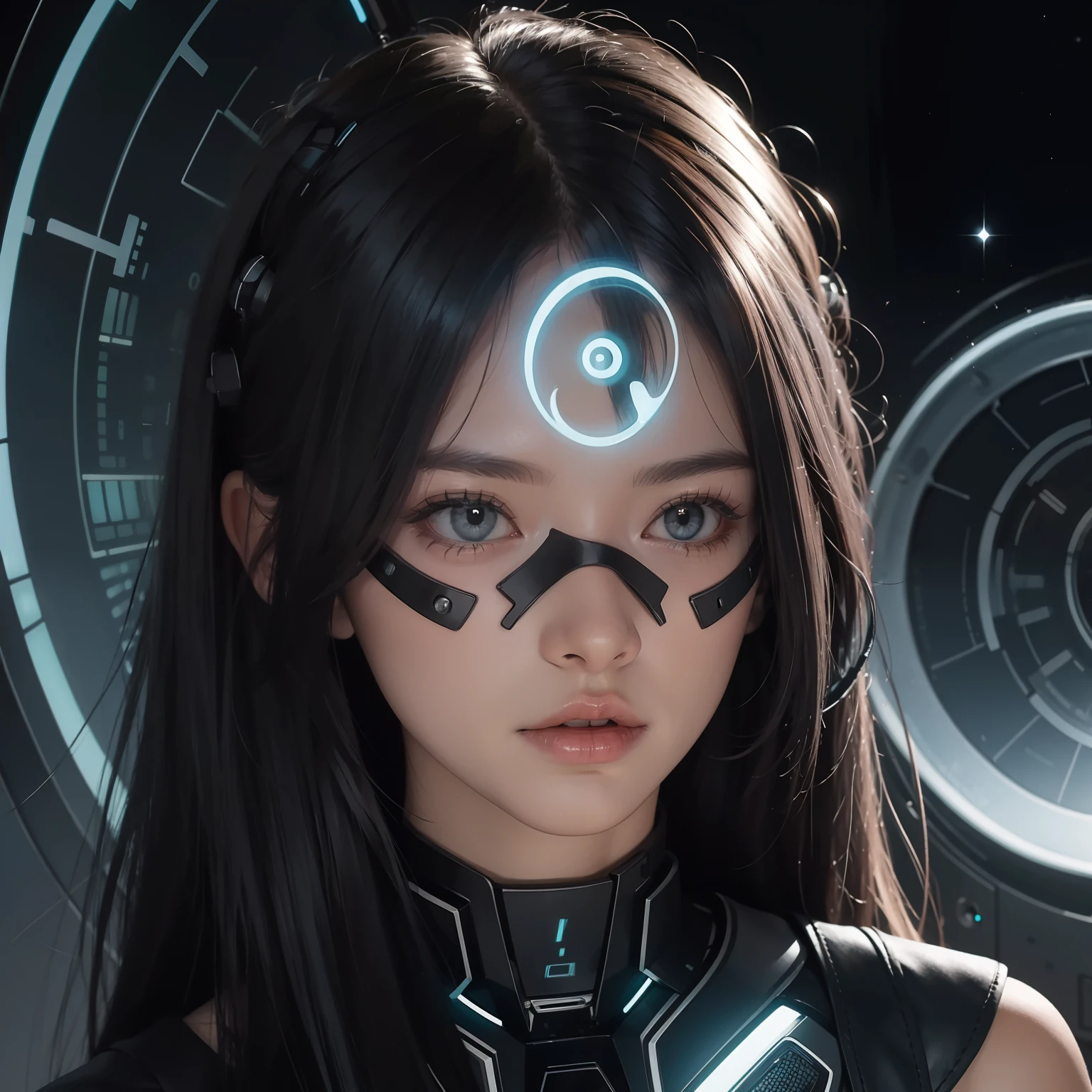bioluminic [SH4G0D:0.6], Spiral portal, Portrait, [fluorescent hair:0.7], galactic cybernetic mask
