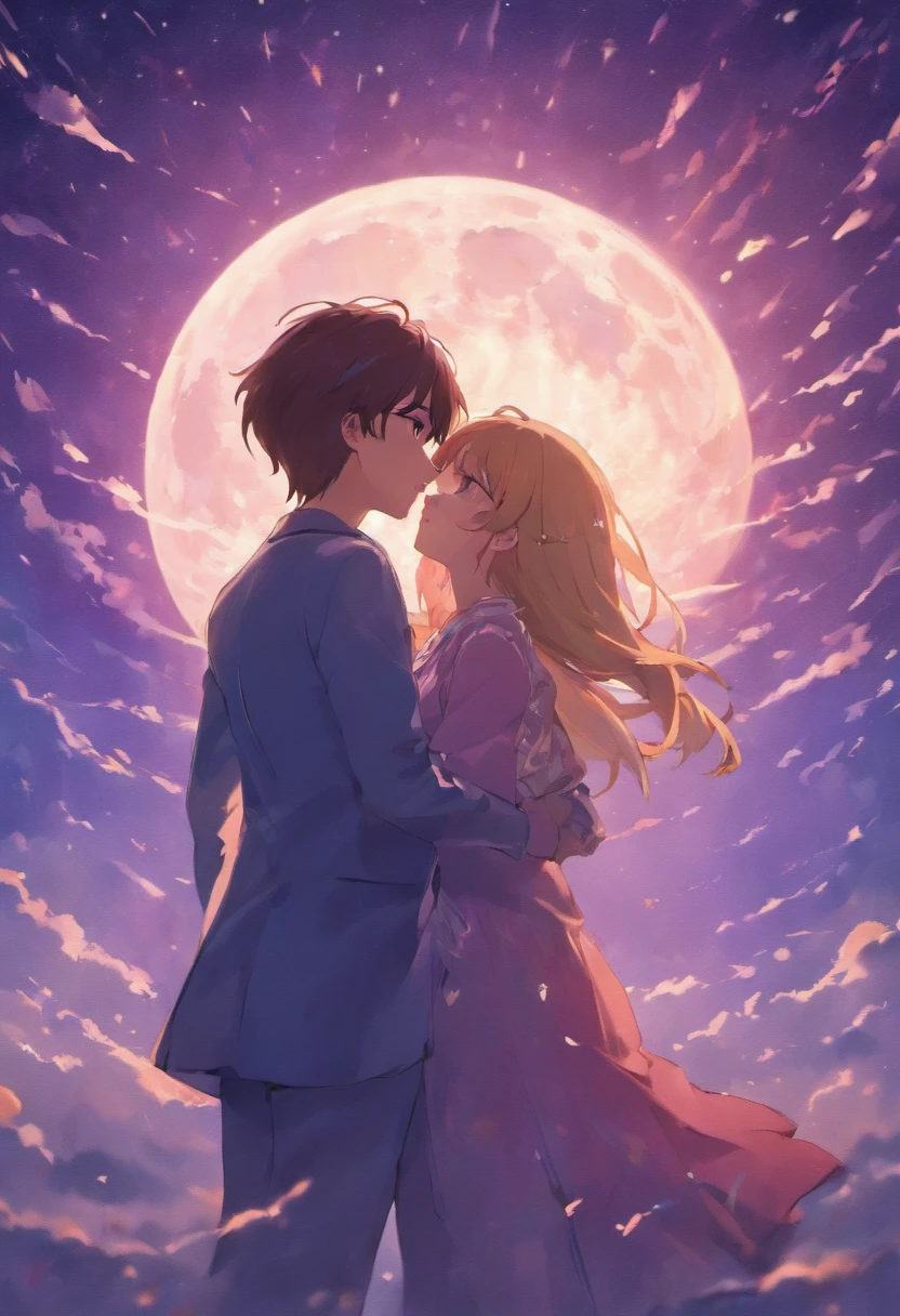 dream colors,tmasterpiece,the detail,starryskybackground,Clouds,Light and shadow effects，film effect,Rich in color，（（A couple）），Embrace each other，（（（（In kissing）））），Petals rained down，Full moon night，Blooming with flowers，blurryforeground，Depth of field effect，