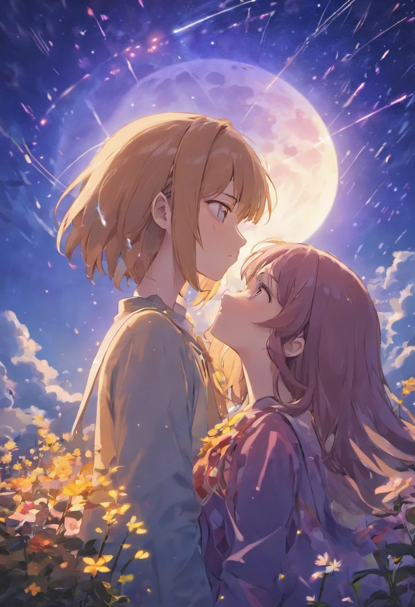 dream colors,tmasterpiece,the detail,starryskybackground,Clouds,Light and shadow effects，film effect,Rich in color，（（A couple）），Embrace each other，（（（（In kissing）））），Petals rained down，Full moon night，Blooming with flowers，blurryforeground，Depth of field effect，