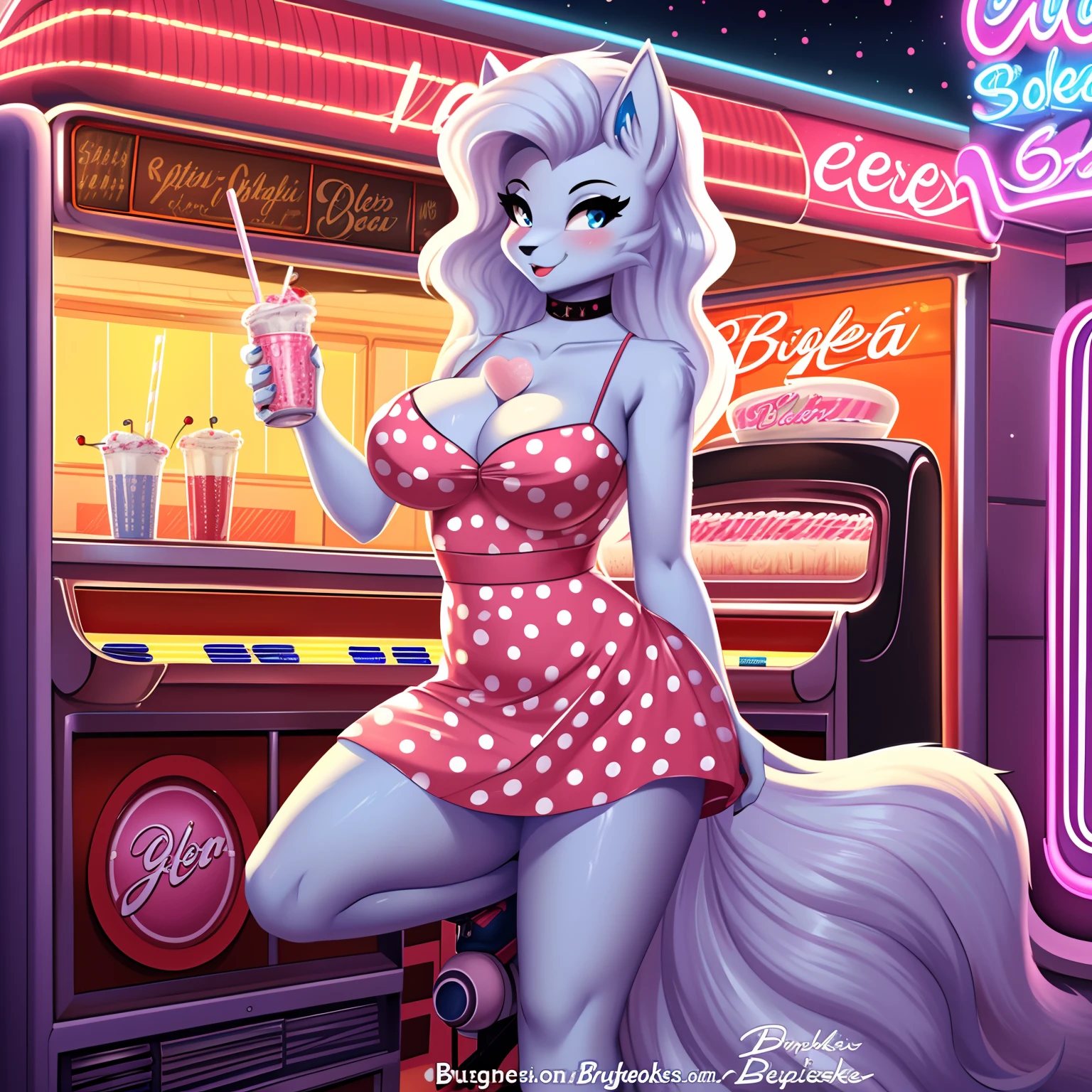 1girl (Made by Burgerkiss, E621), (Alolan Ninetales),woman, ((solo)), ((big and firm breasts, antrum, extremely detailed, extremely detailed legs, extremely detailed arms, extremely detailed face, perfectly detailed eyes, perfectly detailed anatomy)) (Milkshake 50's, retro style, vintage vibes, neon lights, jukebox, soda fountain, roller skating, polka dot dresses, milkshake bar, cherry on top, timeless fashion)