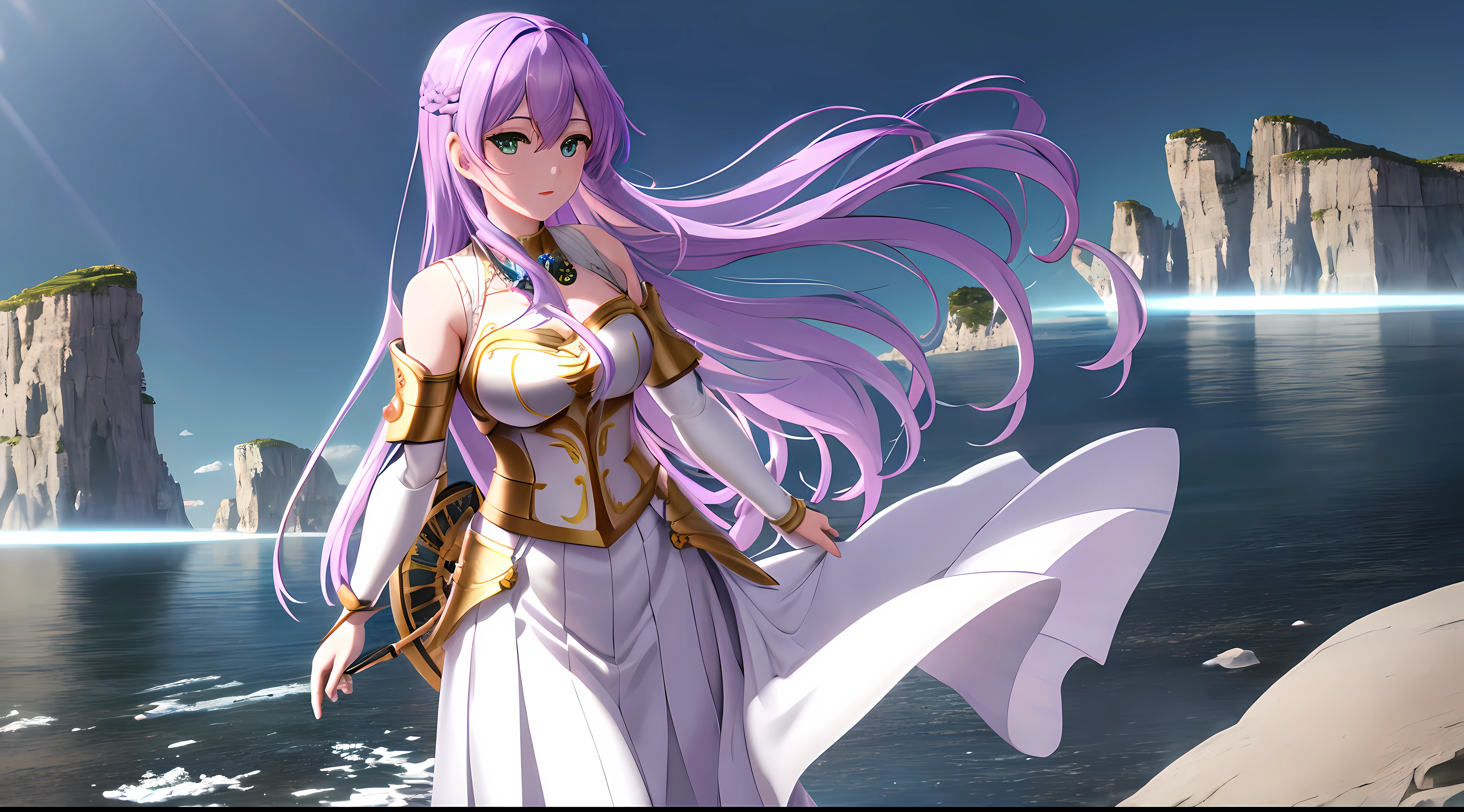 Athena with plain long light purple hair,hair between eyes,green eyes,rosy cheeks,full lips,thin eyebrows,slender body,wearing knight armor pauldrons and full long skirt,praying beads on neck,cute anime girl,full body,rocky cliffs in background,anime style,Lumen Reflections,Screen Space Reflections,Diffraction Grading,Chromatic Aberration,GB Displacement,Scan Lines,Ray Traced,Anti-Aliasing,FXAA,TXAA,RTX,SSAO,Shaders,OpenGL-Shaders, GLSL-Shaders,Post Processing,Post-Production,cell Shading,Tone Mapping,CGI,VFX,SFX,insanely detailed and intricate, 4K,standing, solo, masterpiece, best quality, detailed face, detailed eyes, highres, standing, solo,masterpiece, best quality