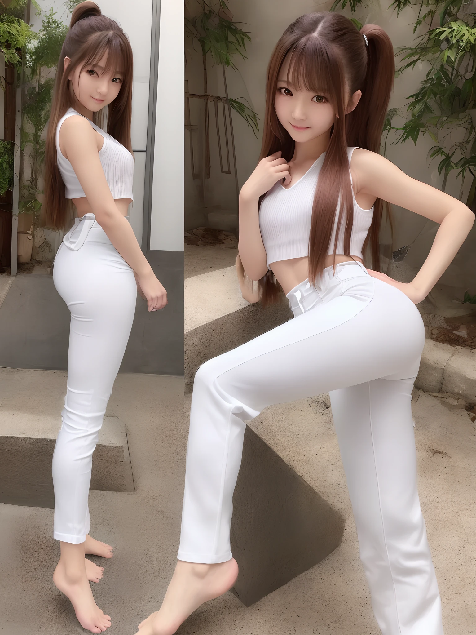 (Photorealsitic)(sixteen years old), Perfectly beautiful woman, (Full body 8K portrait), Large and dynamic hand and foot movements, Make a high side kick, White Karate Uniform, White karate pants, Large bust,Stand alone, Correct skeleton, Perfect facial detail, (Smile: 1.15), attractive beautiful face, gazing at viewer, a small face, 二重まぶた, Beautiful detailed eyes, long eyeslashes, ligh brown hair, poneyTail, Toned waist, Beautiful thin legs, toned ankles, bare-legged ,TOKYOcty